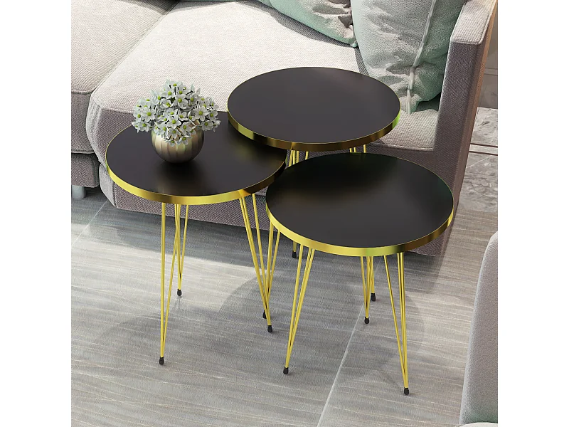 Set de 3 tables d'appoint Skibby rondes gigognes noir or [en.casa]