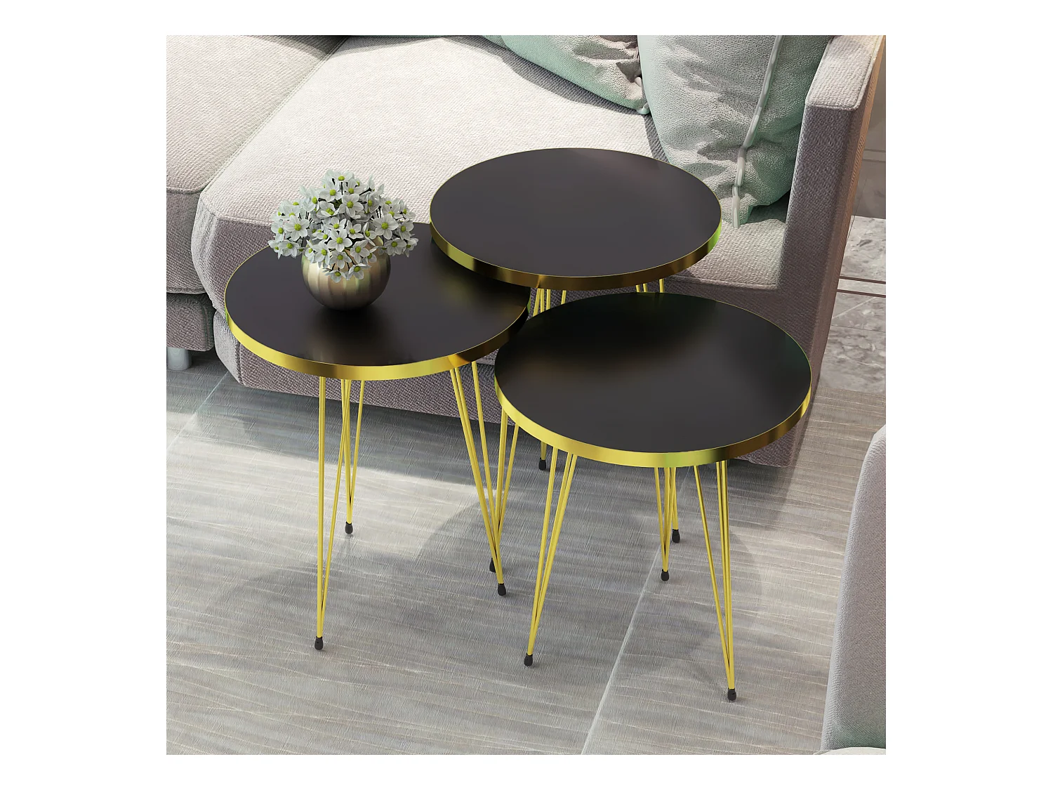 Set de 3 tables d'appoint Skibby rondes gigognes noir or [en.casa]
