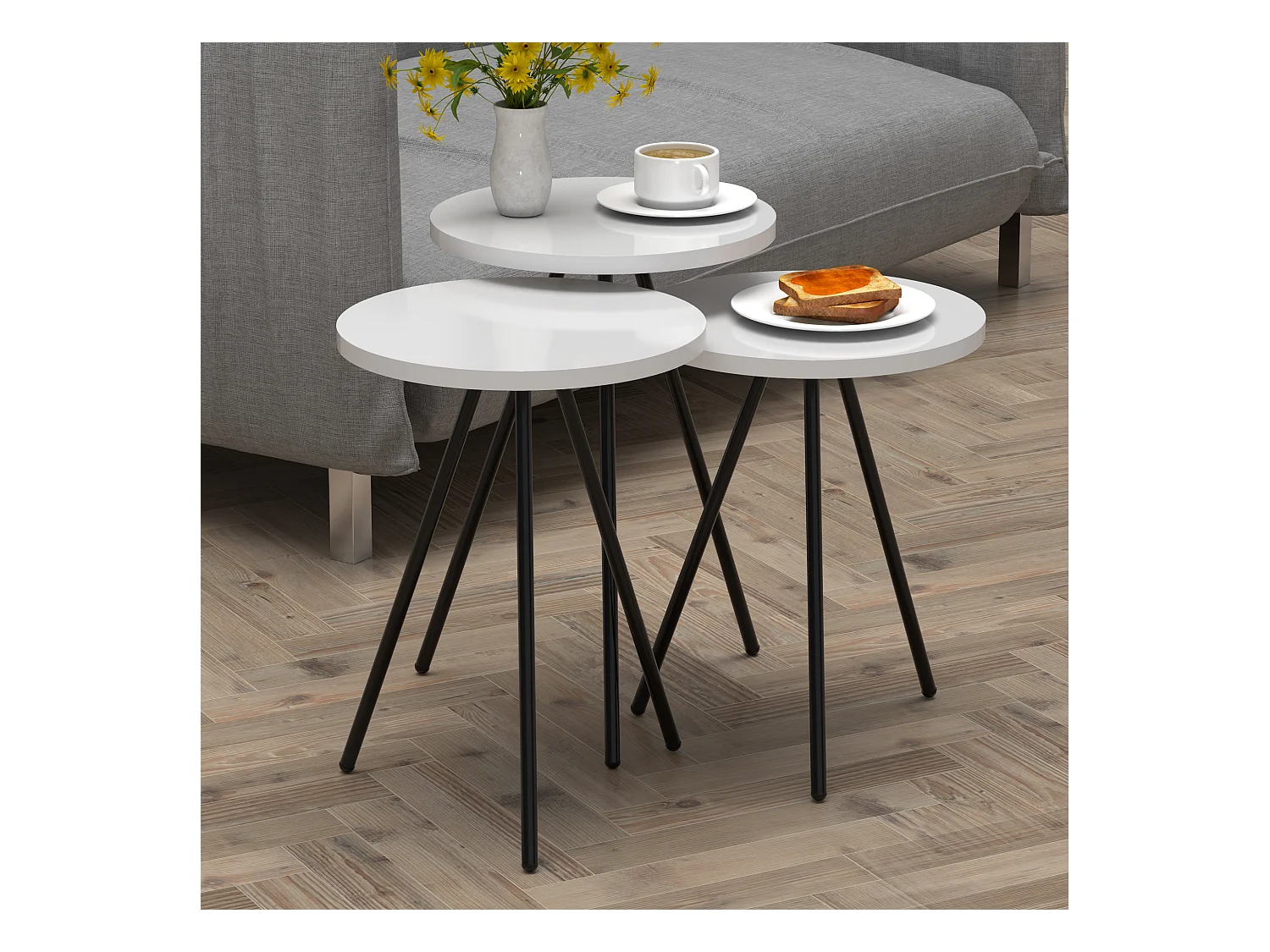 Set de 3 tables d'appoint Ølgod rondes gigognes blanc noir [en.casa]