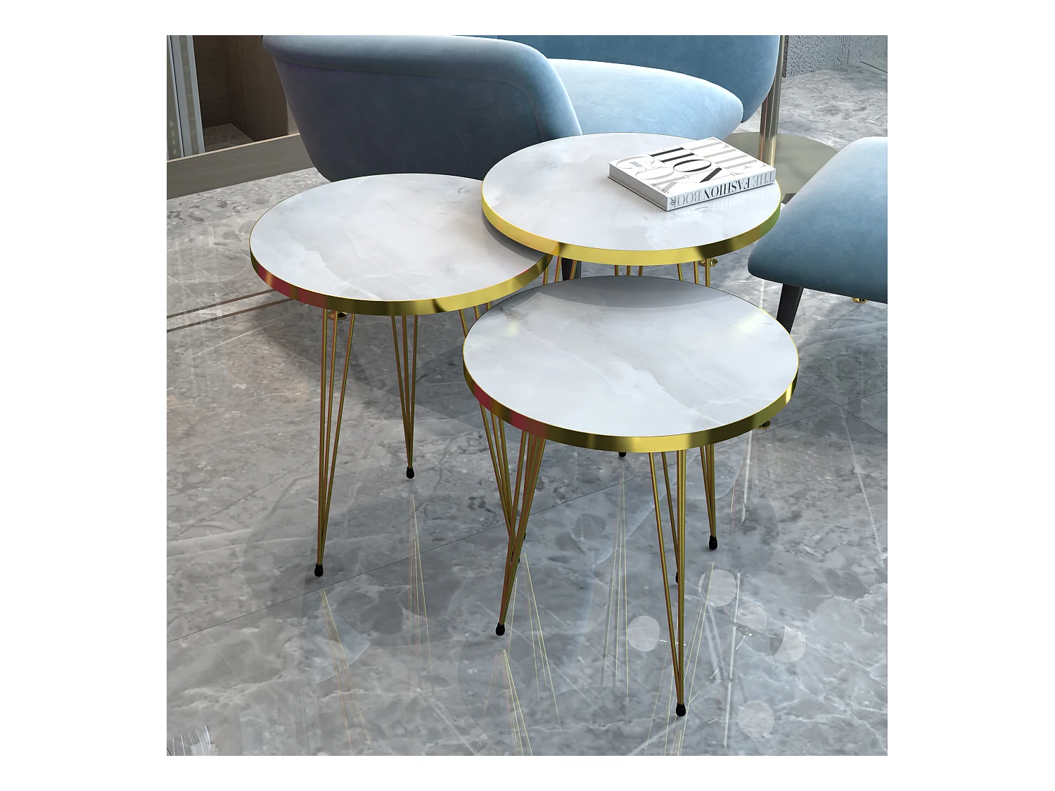 Set de 3 tables d'appoint Skibby rondes gigognes marbre blanc or [en.casa]