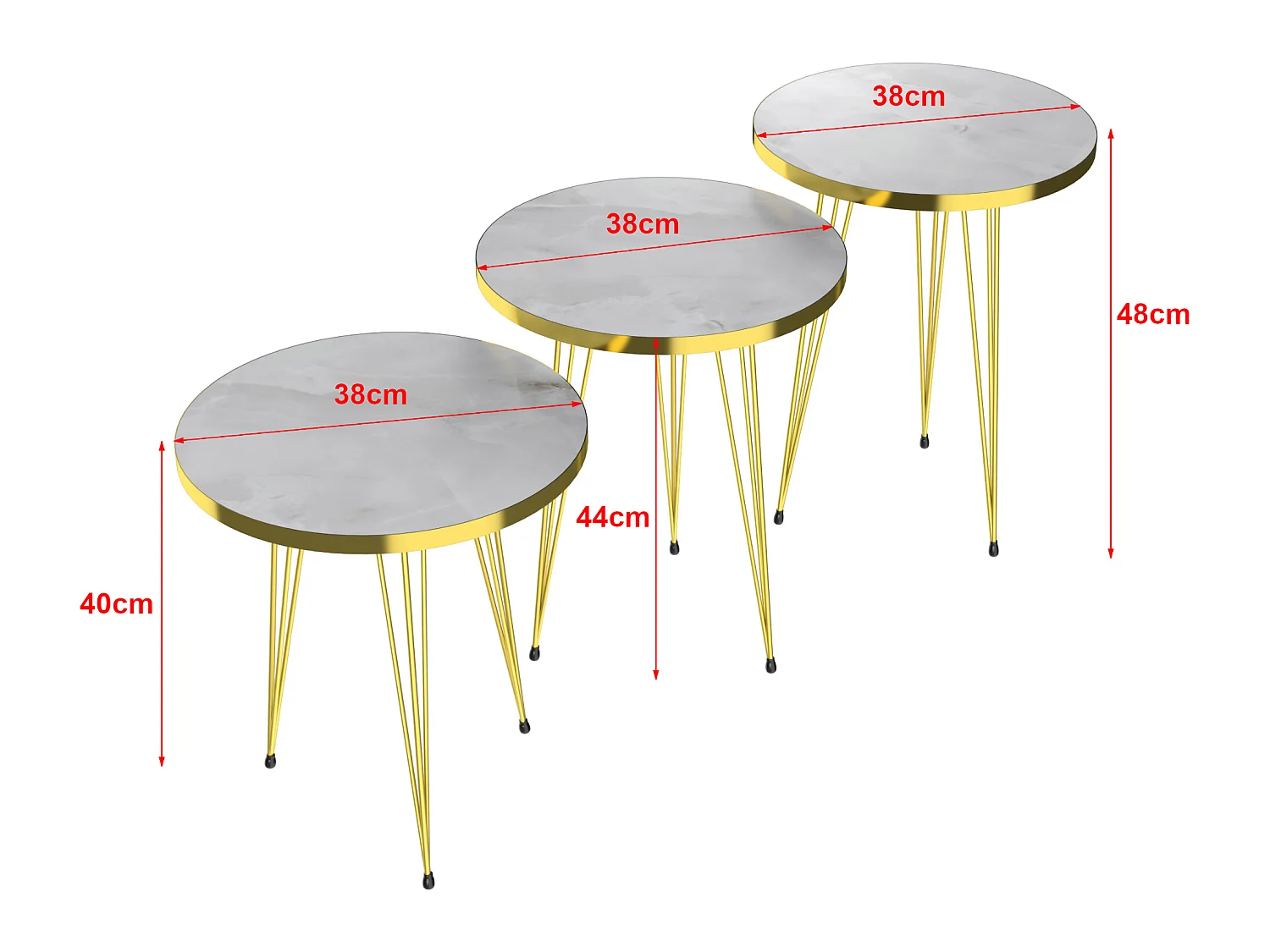 Set de 3 tables d'appoint Skibby rondes gigognes marbre blanc or [en.casa]