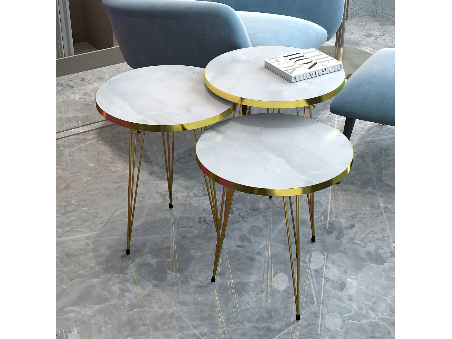 Set de 3 tables d'appoint Skibby rondes gigognes marbre blanc or [en.casa]