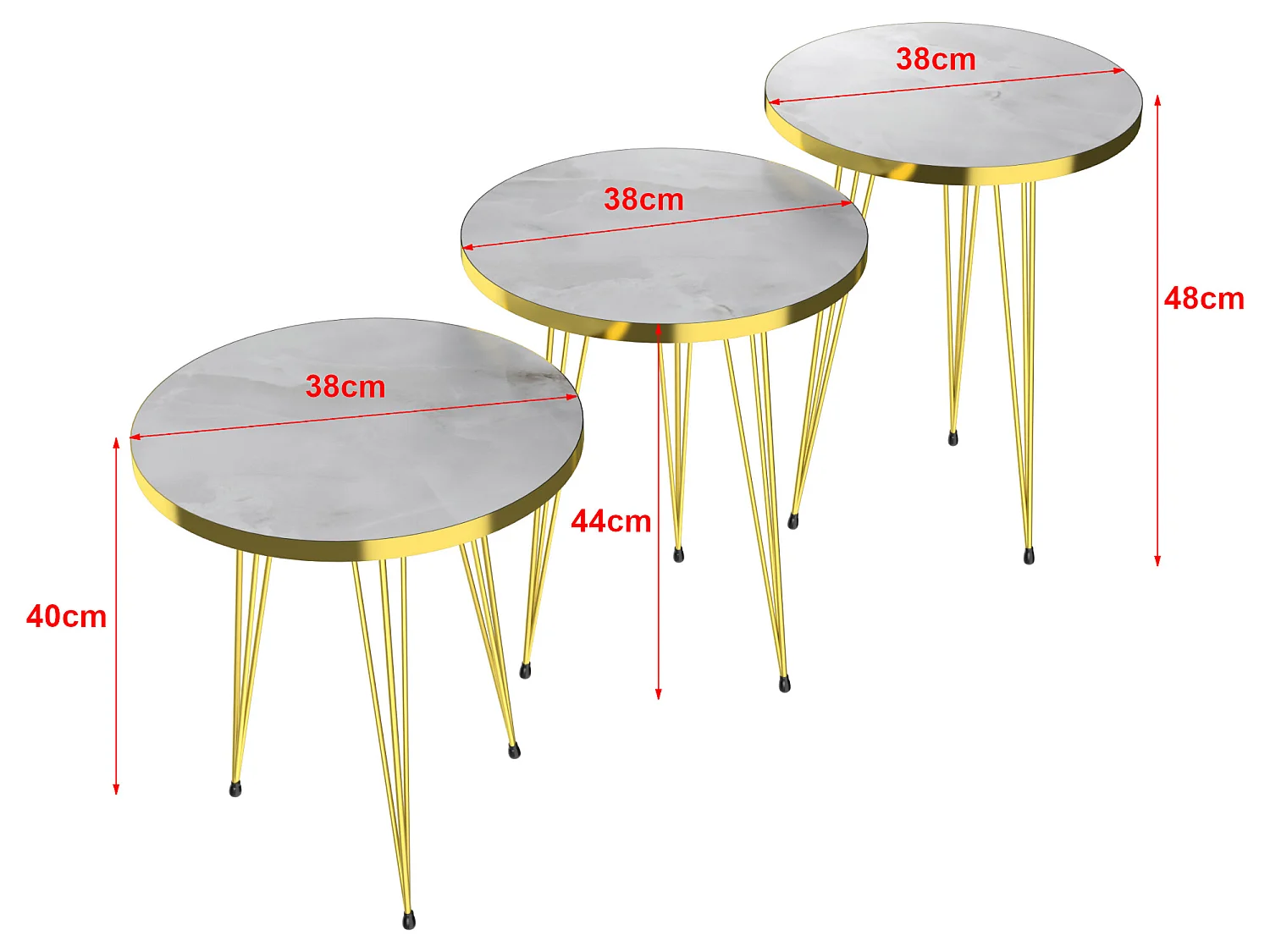 Set de 3 tables d'appoint Skibby rondes gigognes marbre blanc or [en.casa]