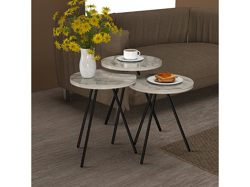 Set de 3 tables d'appoint Ølgod rondes gigognes marbre blanc noir [en.casa]