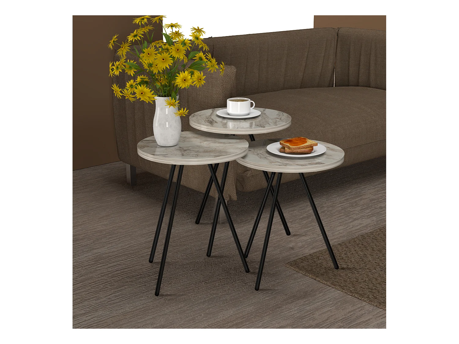Set de 3 tables d'appoint Ølgod rondes gigognes marbre blanc noir [en.casa]