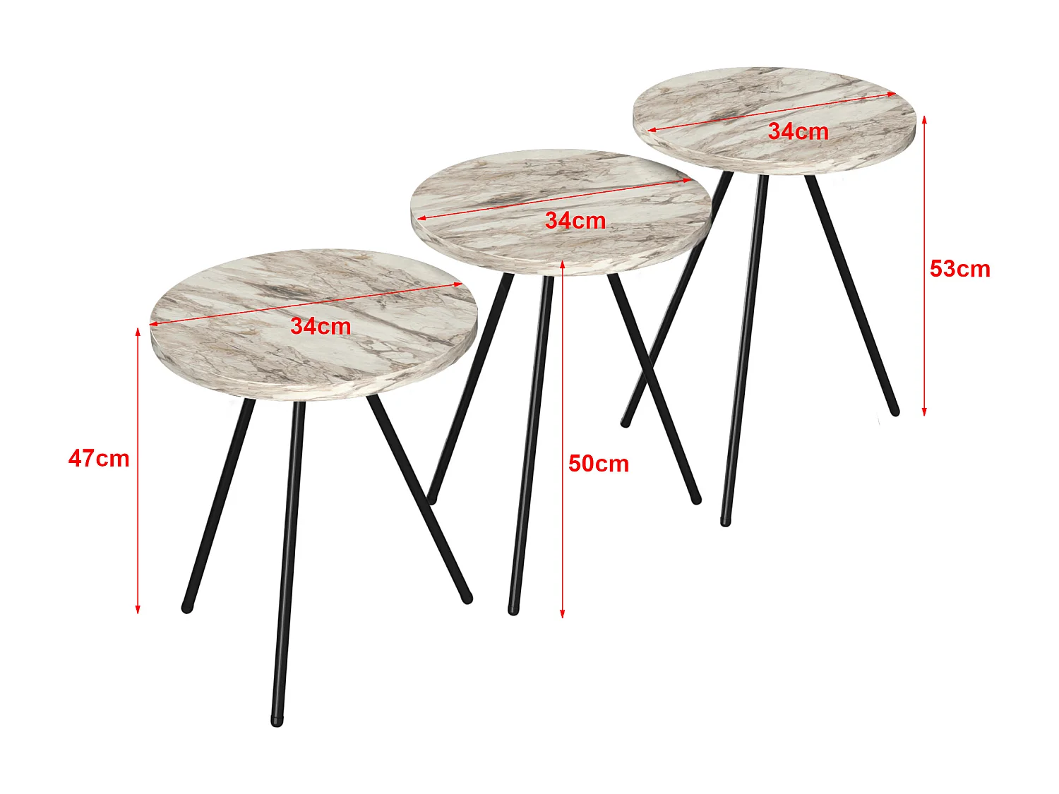 Set de 3 tables d'appoint Ølgod rondes gigognes marbre blanc noir [en.casa]