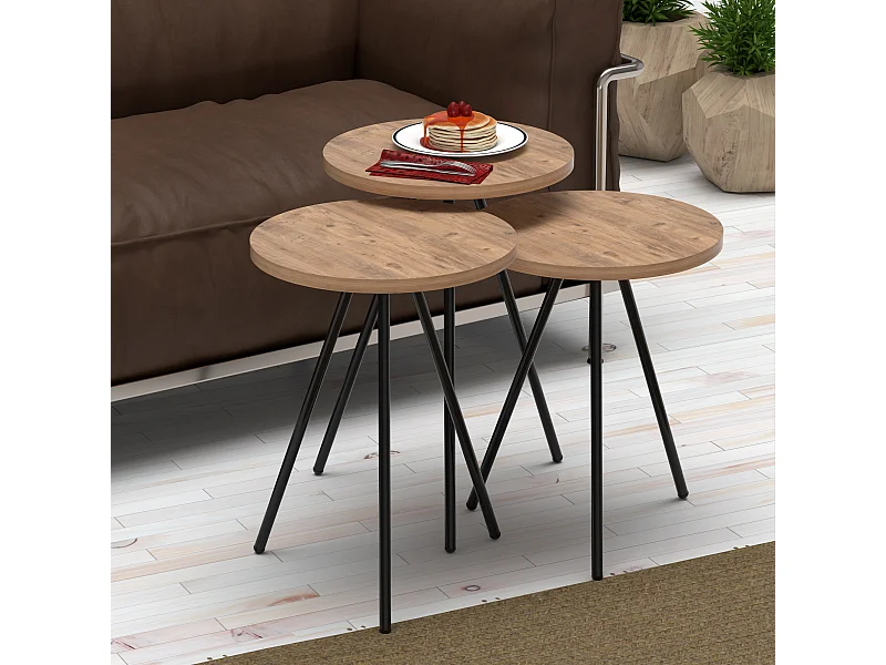 Set de 3 tables d'appoint Ølgod rondes gigognes naturel noir [en.casa]