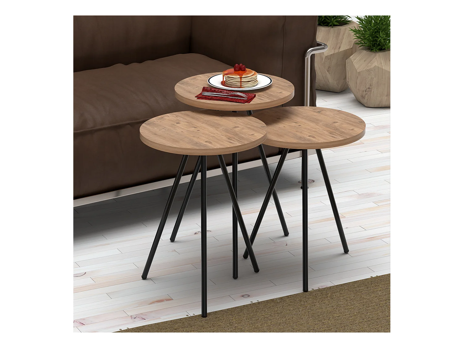 Set de 3 tables d'appoint Ølgod rondes gigognes naturel noir [en.casa]