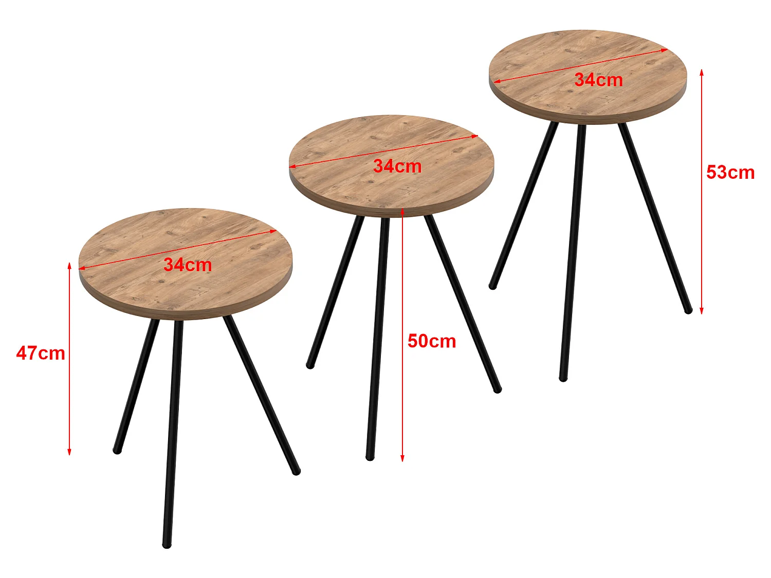 Set de 3 tables d'appoint Ølgod rondes gigognes naturel noir [en.casa]