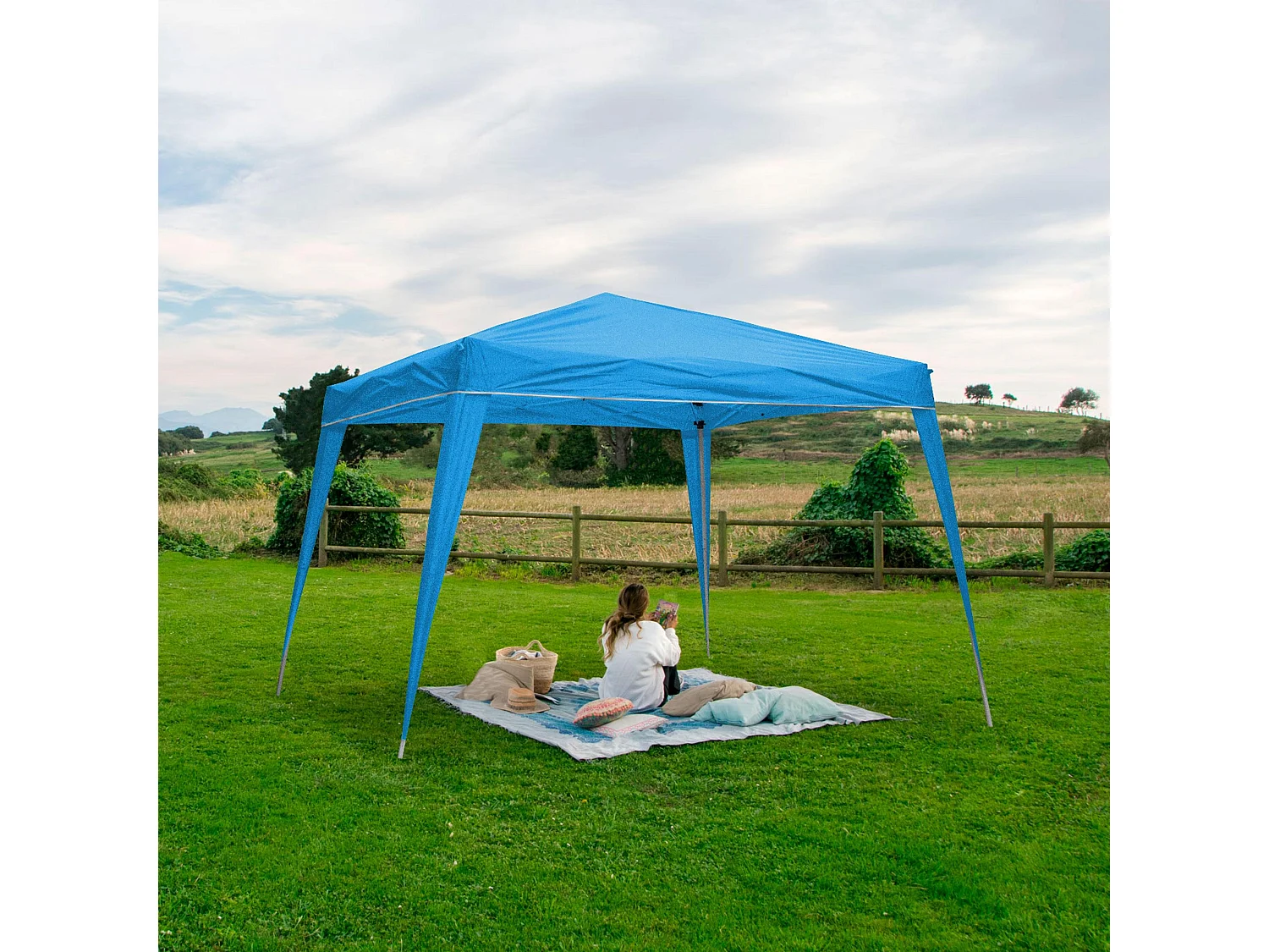 Wasabi - Tonnelle Pliante 3x3 m Bleue - Bâche Nylon - Protection Eau et Soleil - Piquets - Structure Acier – Pergola Jardin