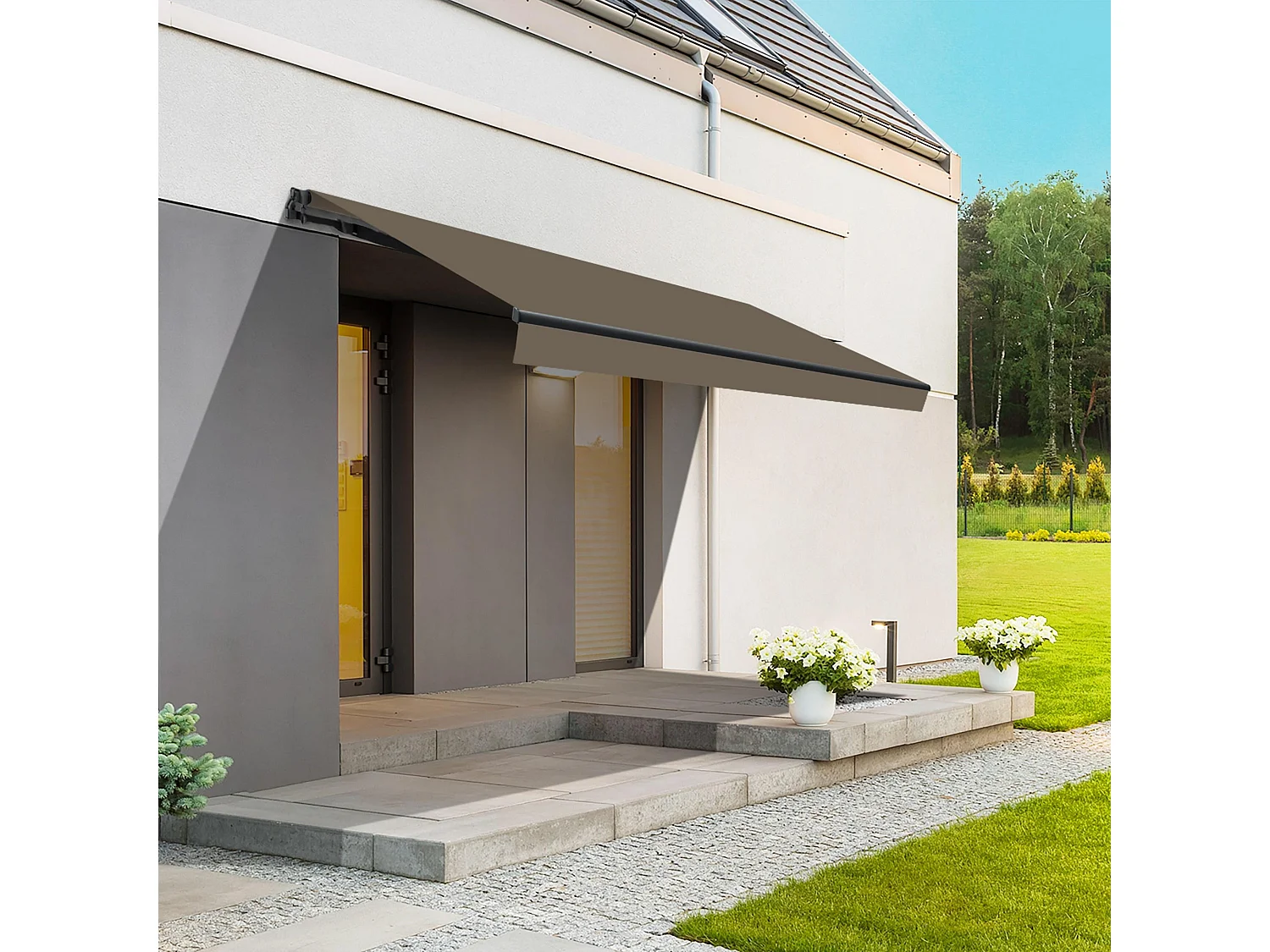 Wasabi - Store Banne Manuel 3x2 Polyester Taupe - Toile Enroulable UV - Structure Aluminium Anthracite - Inclinaison Réglable
