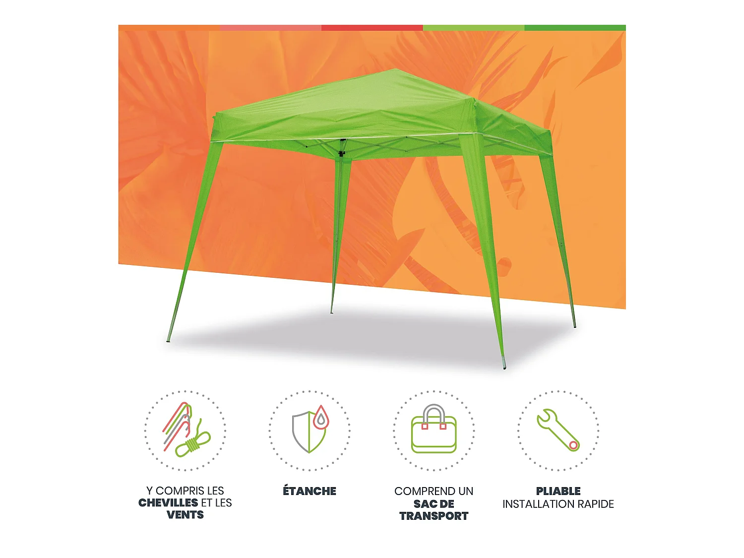 Wasabi - Tonnelle Pliante 3x3 m Verte - Bâche Nylon - Protection Eau et Soleil - Piquets - Structure Acier – Pergola Jardin