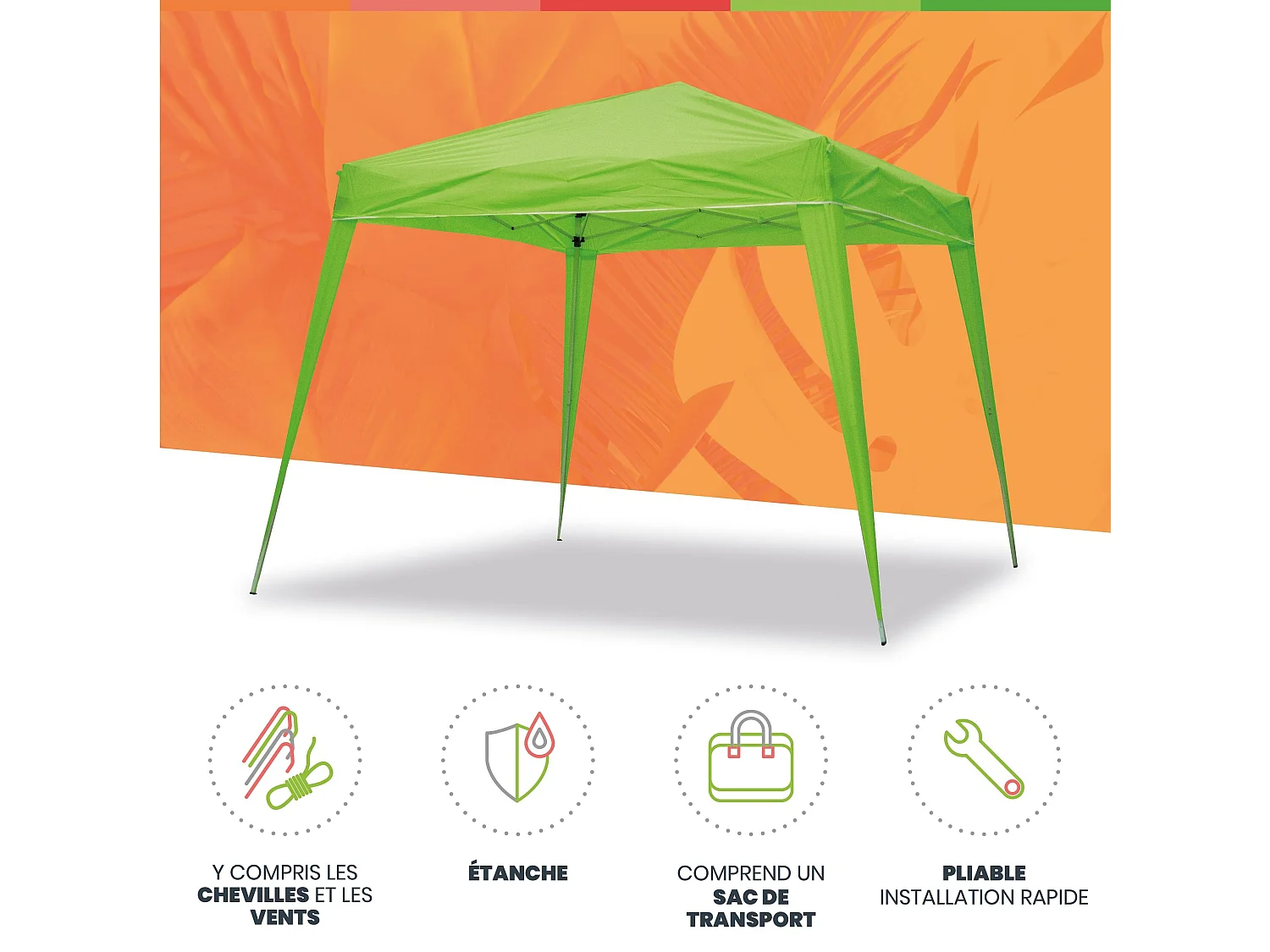 Wasabi - Tonnelle Pliante 3x3 m Verte - Bâche Nylon - Protection Eau et Soleil - Piquets - Structure Acier – Pergola Jardin