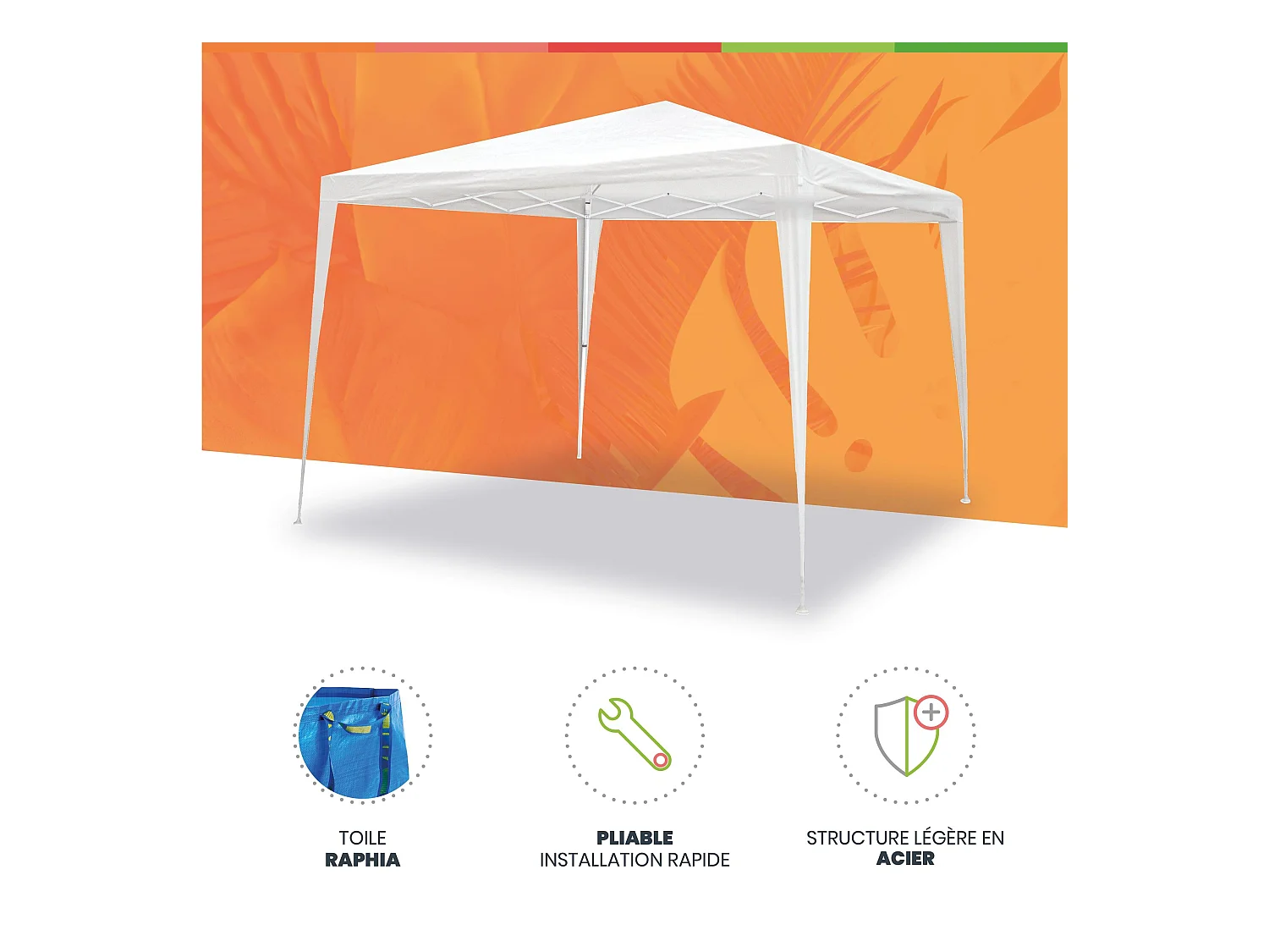 Wasabi - Tonnelle Pliante 3x3 m Blanche - Structure Assemblée - Piquets et Cordes – Raphia - Pergola Jardin - Toit Camping - Javea