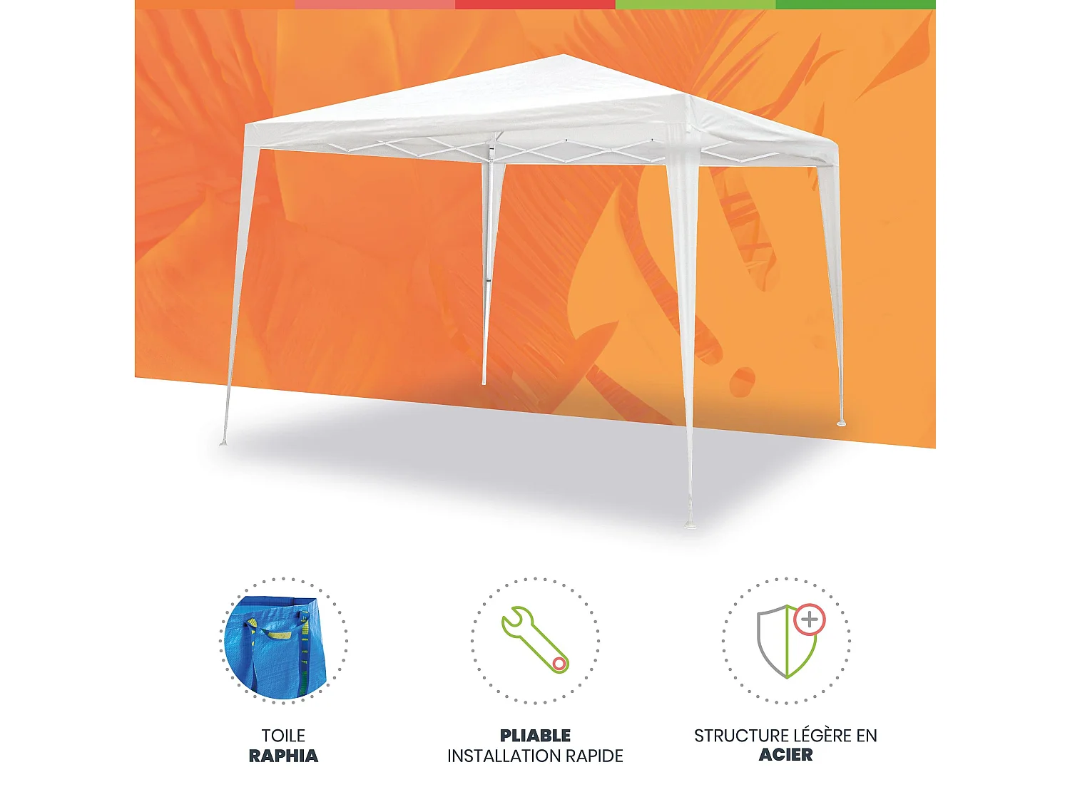 Wasabi - Tonnelle Pliante 3x3 m Blanche - Structure Assemblée - Piquets et Cordes – Raphia - Pergola Jardin - Toit Camping - Javea