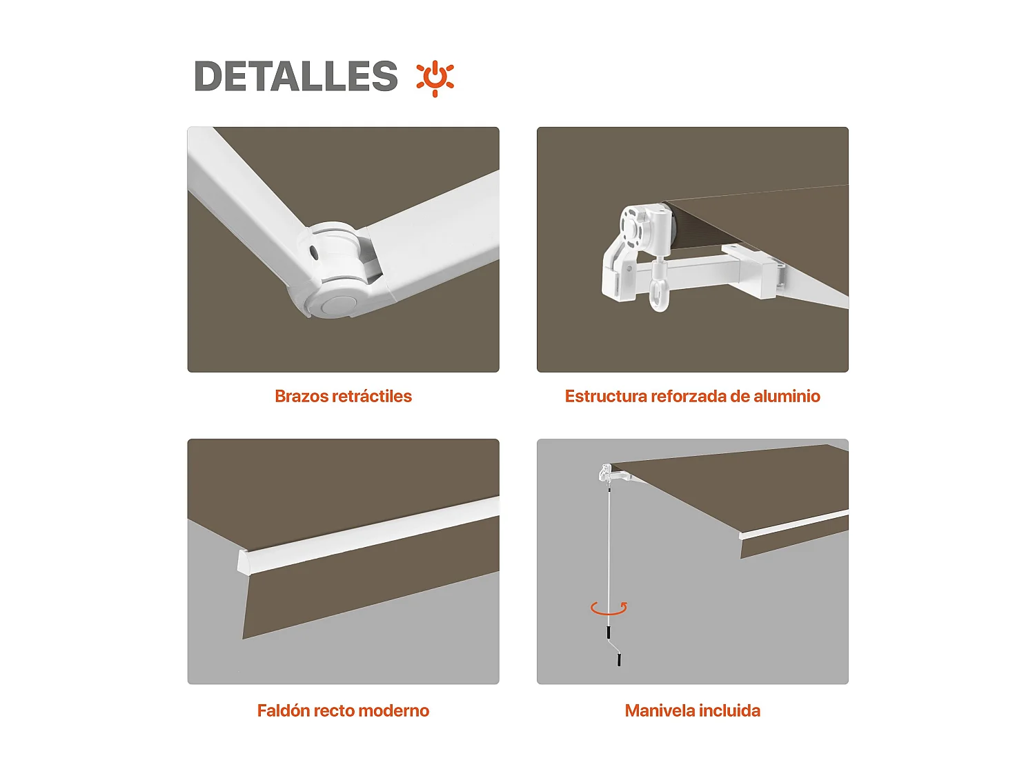 Wasabi - Toldo Exterior Enrollable Topo 4x2,5 Poliéster – Lona Protección Solar UV – Estructura Aluminio – Regulable en Inclinación – Manivela Incluida
