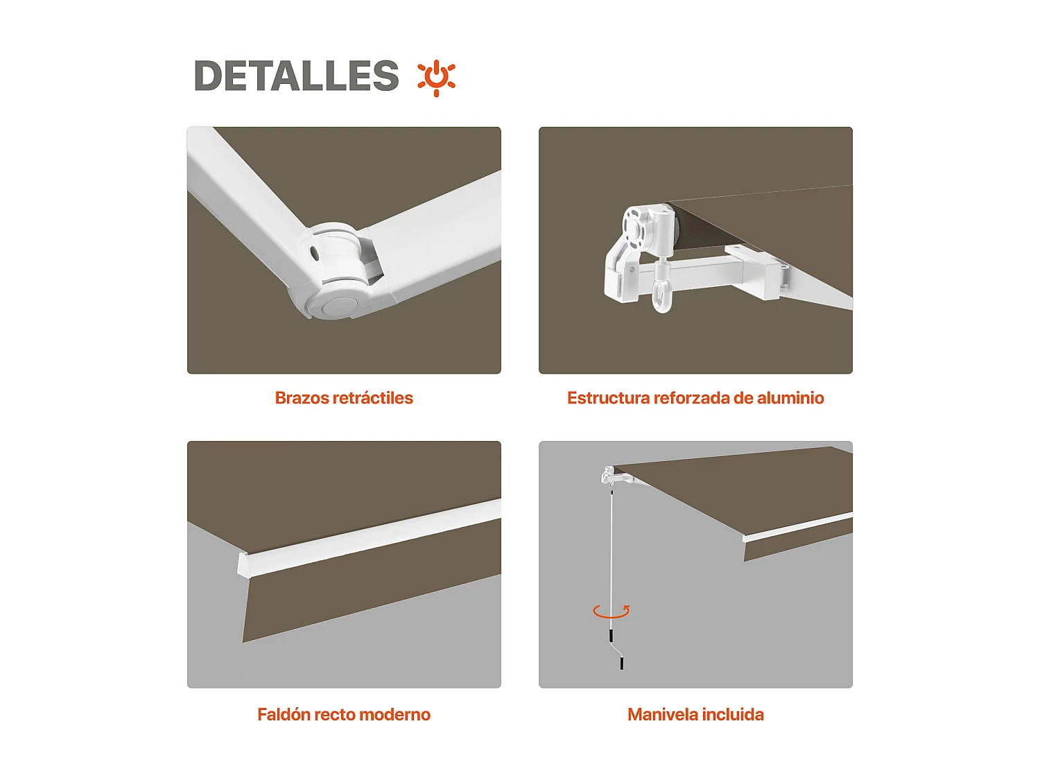 Wasabi - Toldo Exterior Enrollable Topo 4x2,5 Poliéster – Lona Protección Solar UV – Estructura Aluminio – Regulable en Inclinación – Manivela Incluida