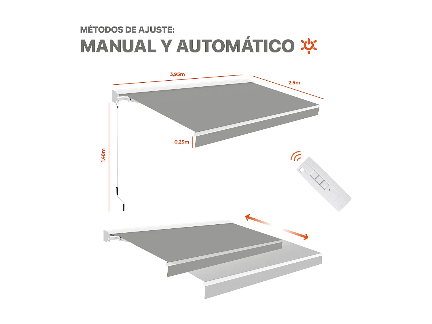Wasabi - Toldo Motorizado Exterior Gris 4x2,5 Poliéster – Plegado con Mando a Distancia – Semicofre – Lona Protección Solar UV – Estructura Aluminio – Manivela