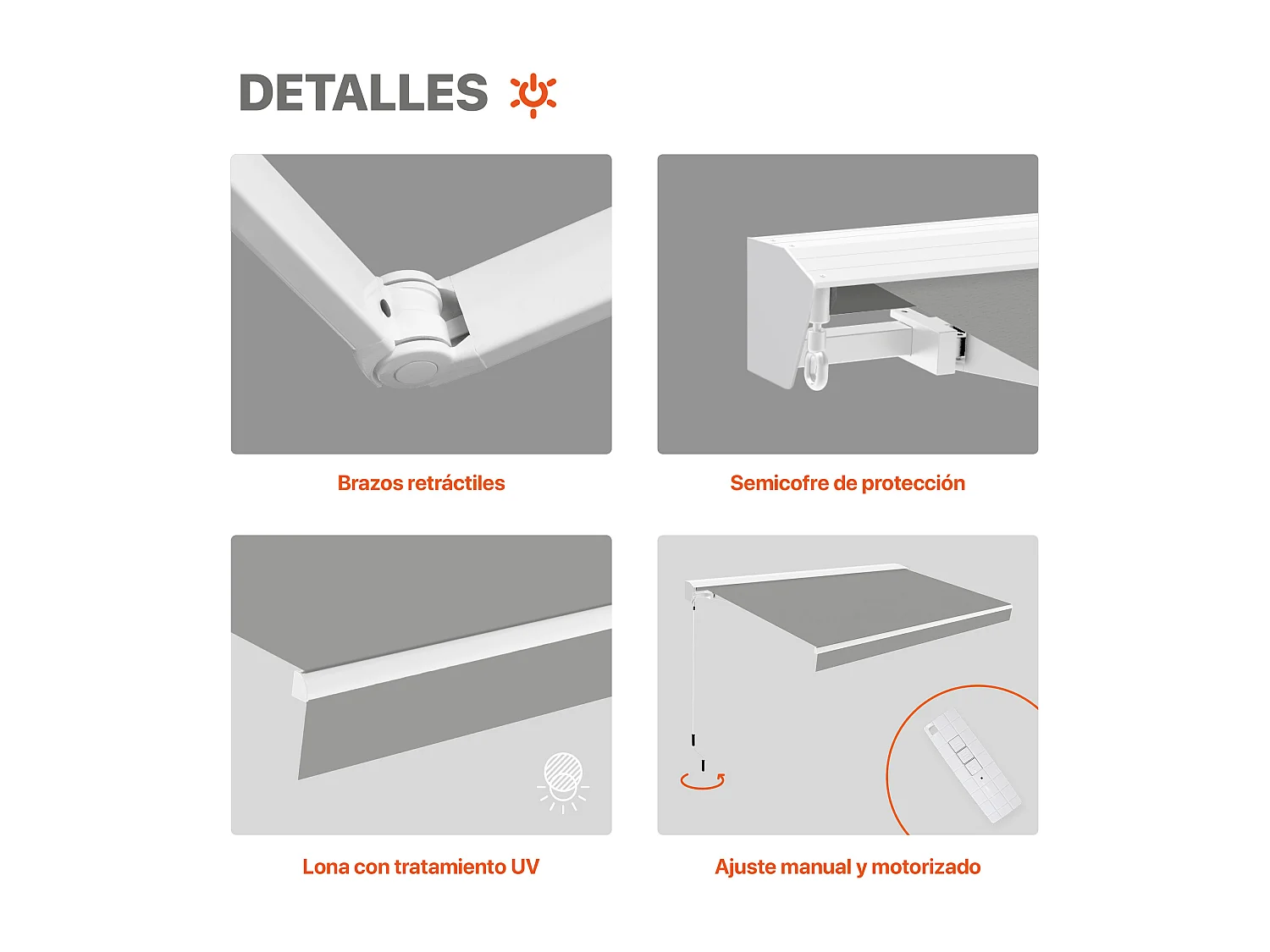 Wasabi - Toldo Motorizado Exterior Gris 4x2,5 Poliéster – Plegado con Mando a Distancia – Semicofre – Lona Protección Solar UV – Estructura Aluminio – Manivela