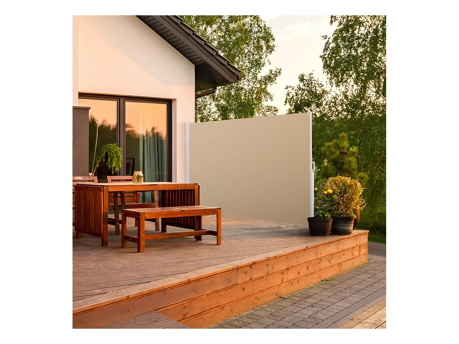 Wasabi - Paravent Extérieur Rétractable 140x300cm - Kit d'ancrage - Brise vue jardin - Cassette Aluminium - Toile Beige UV