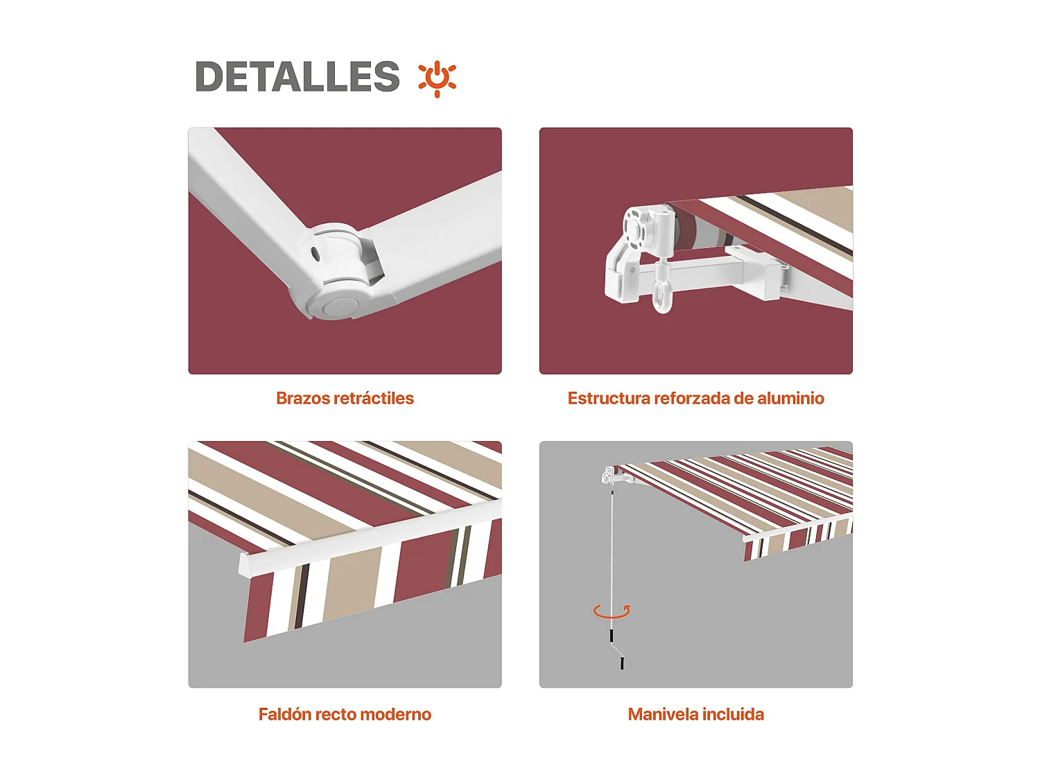 Wasabi - Toldo Exterior Enrollable Burdeos/Beige 3x2 Poliéster – Lona Protección Solar UV –  Aluminio – Regulable en Inclinación – Manivela Incluida – Manual