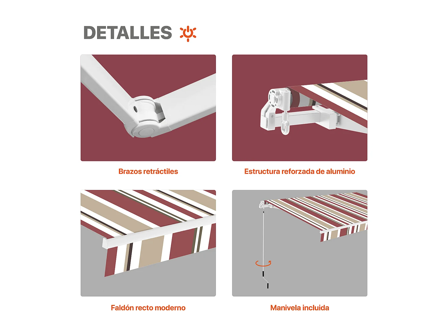 Wasabi - Toldo Exterior Enrollable Burdeos/Beige 3x2 Poliéster – Lona Protección Solar UV –  Aluminio – Regulable en Inclinación – Manivela Incluida – Manual