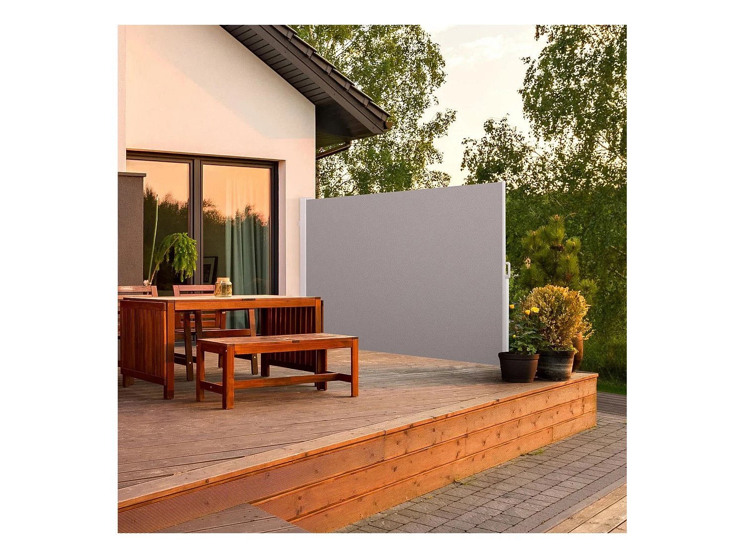 Wasabi - Paravent Extérieur Rétractable 140x300cm - Kit d'ancrage - Brise vue jardin - Cassette Aluminium - Toile Gris UV