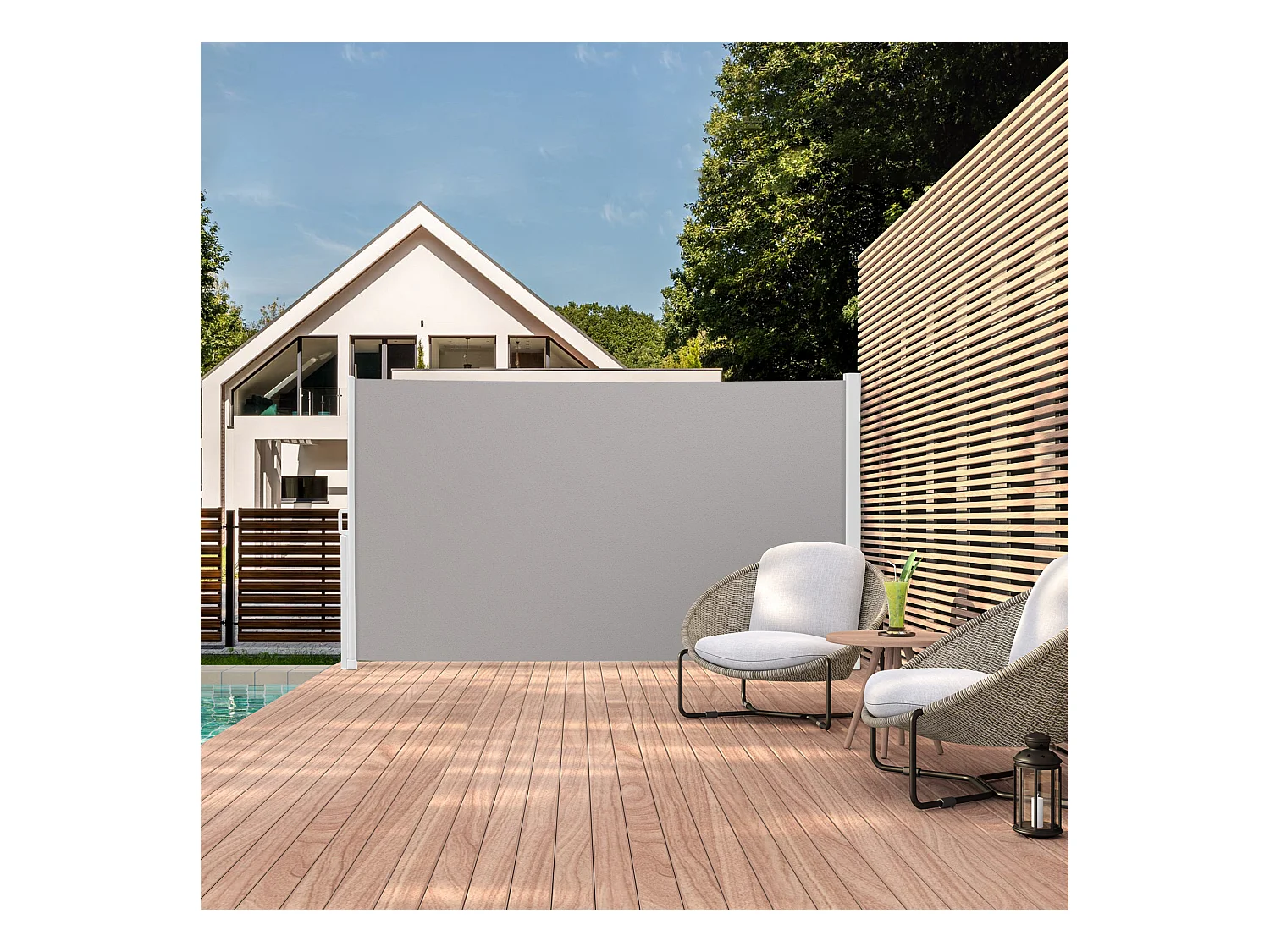 Wasabi - Paravent Extérieur Rétractable 140x300cm - Kit d'ancrage - Brise vue jardin - Cassette Aluminium - Toile Gris UV