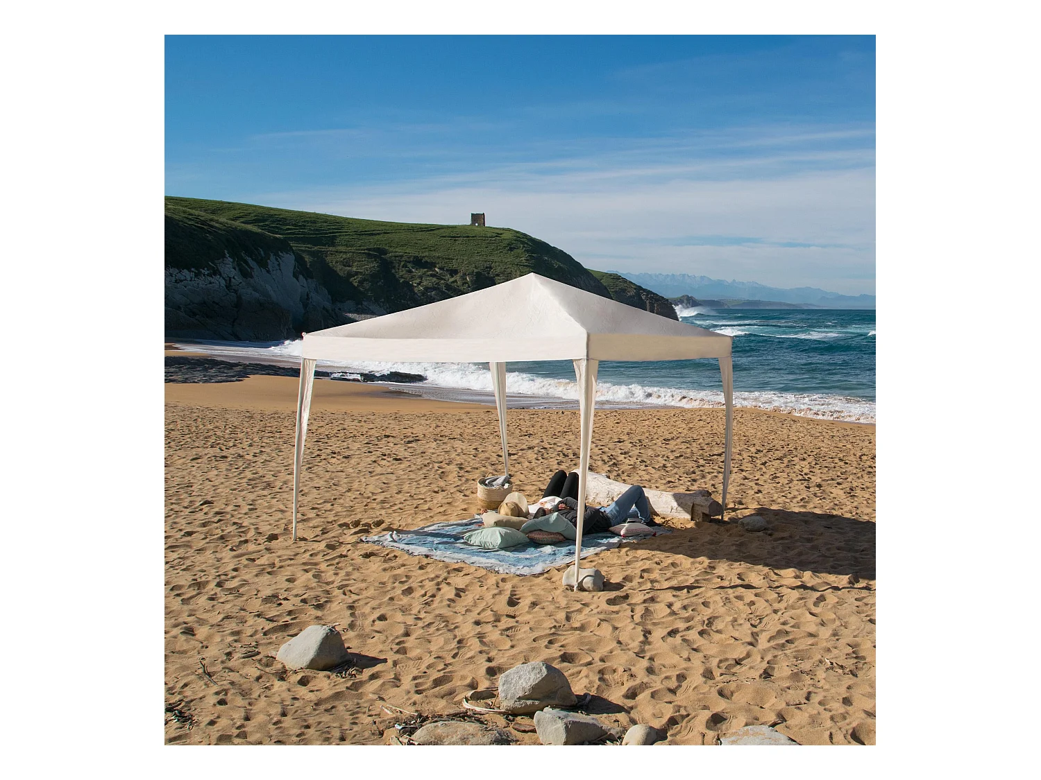 Wasabi - Carpa Desmontable 3x3 m Cies Blanca – Vientos y Piquetas Fijación – Estructura Aluminio y Acero – Lona Rafia 90gr/m2 – Cenador Jardín – Exteriores