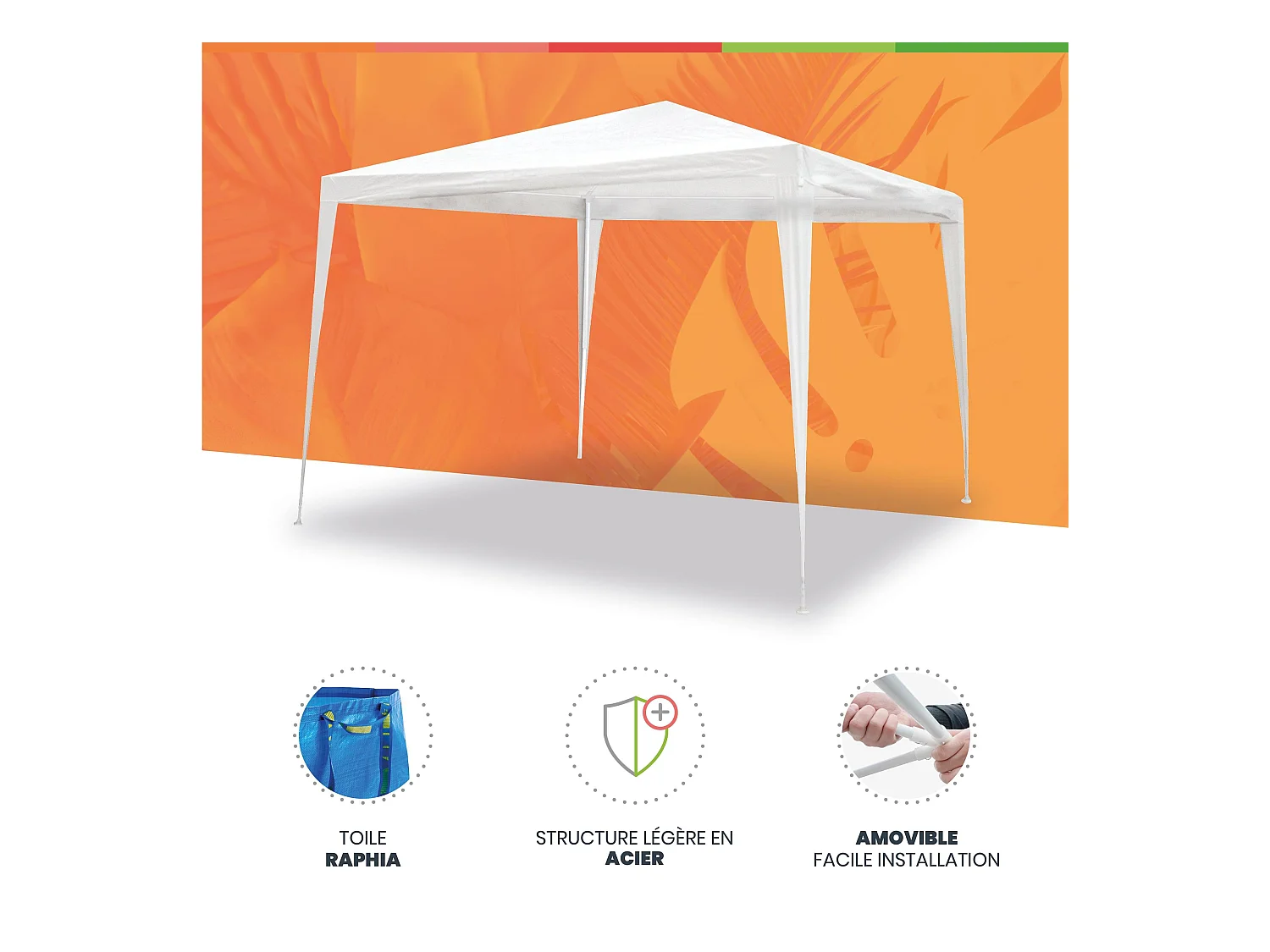 Wasabi - Carpa Desmontable 3x3 m Cies Blanca – Vientos y Piquetas Fijación – Estructura Aluminio y Acero – Lona Rafia 90gr/m2 – Cenador Jardín – Exteriores