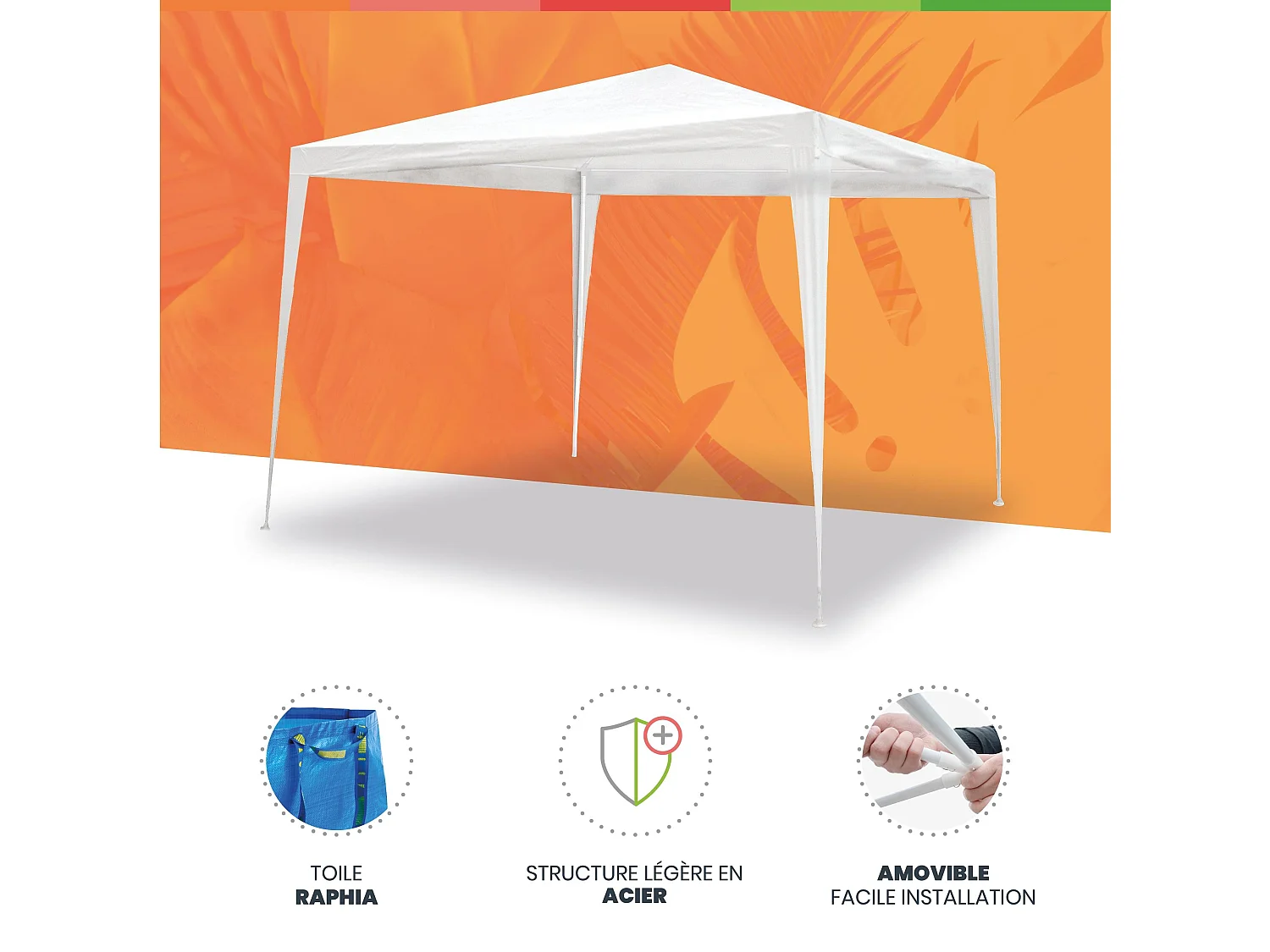 Wasabi - Tonnelle Jardin Extérieur 3x3 m Blanche - Protection UV - Structure Amovible Acier - Piquets et Cordes – Raphia