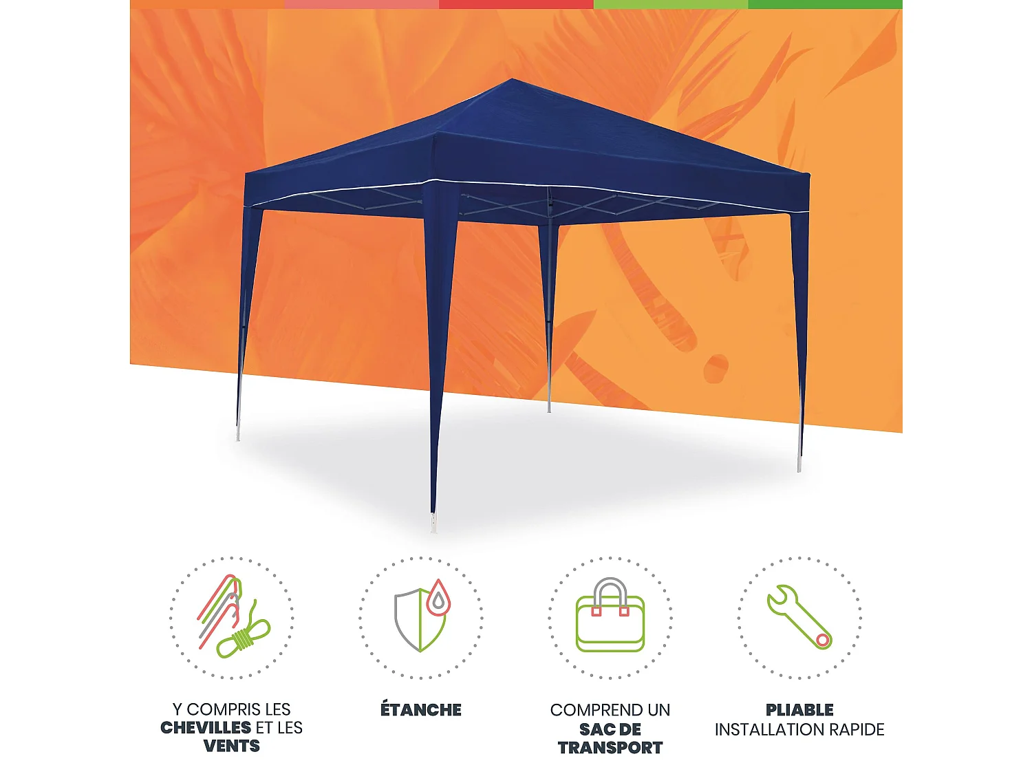 Wasabi - Carpa Plegable 3x3 m Classic Azul – Resistente al Agua – Vientos y Piquetas Fijación – Estructura de Acero – Cenador Jardín – Exteriores Camping Fiestas