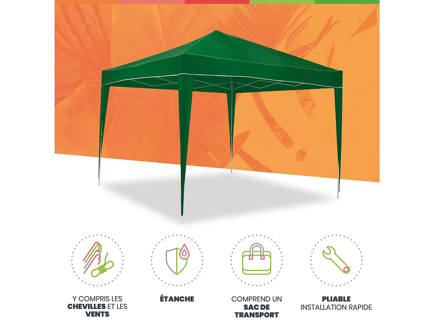 Wasabi - Carpa Plegable 3x3 m Classic Verde – Resistente al Agua – Vientos y Piquetas Fijación – Estructura de Acero – Cenador Jardín – Exteriores Camping Fiestas