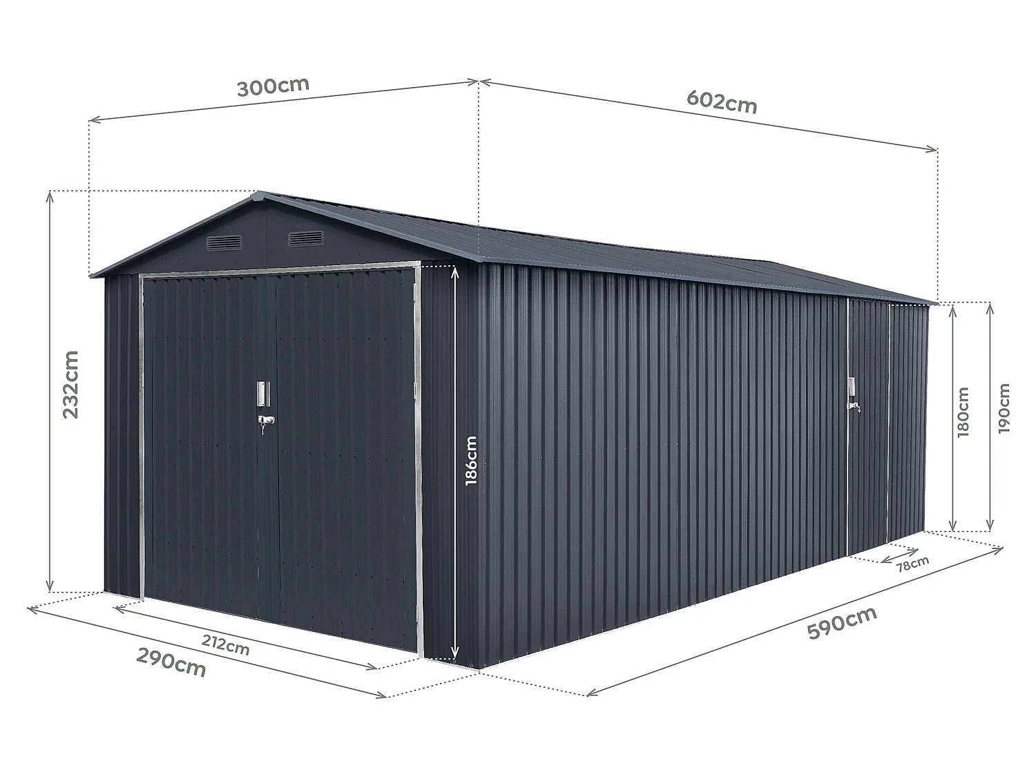 Garage in metallo Tonsberg 18m2 - Garanzia 15 anni - 602x300x232cm.
