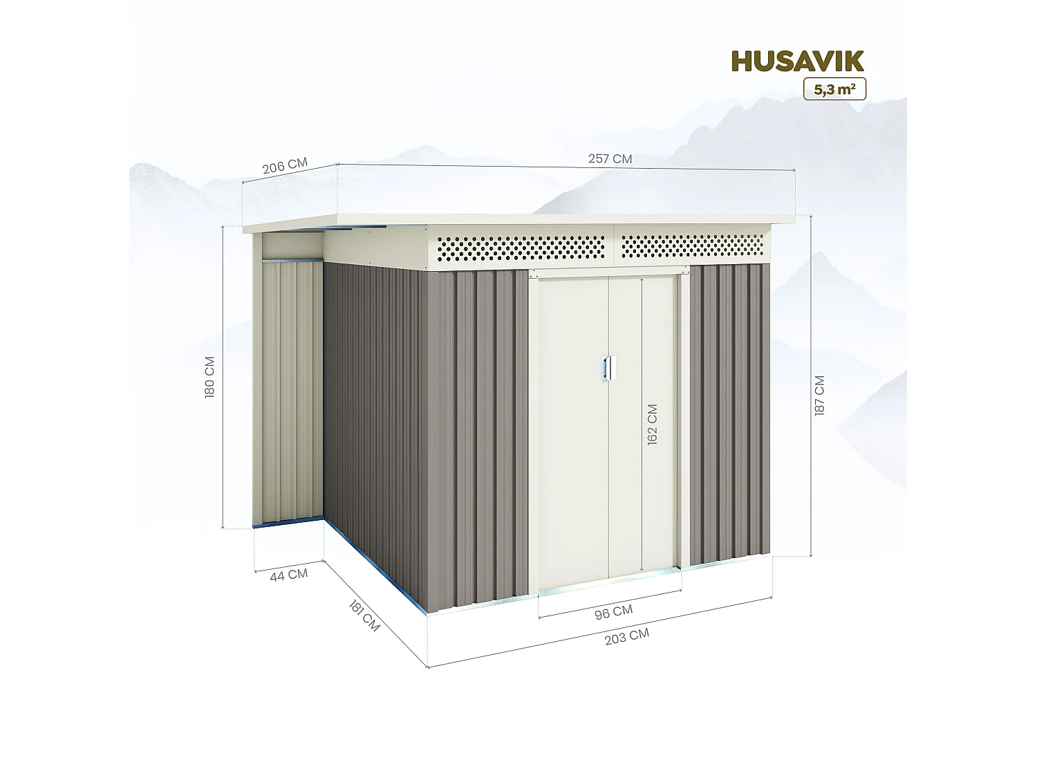 Capannone da giardino in metallo Husavik 5,29m2 - 10 anni di garanzia - 257x206x187cm. Capanno da giardino