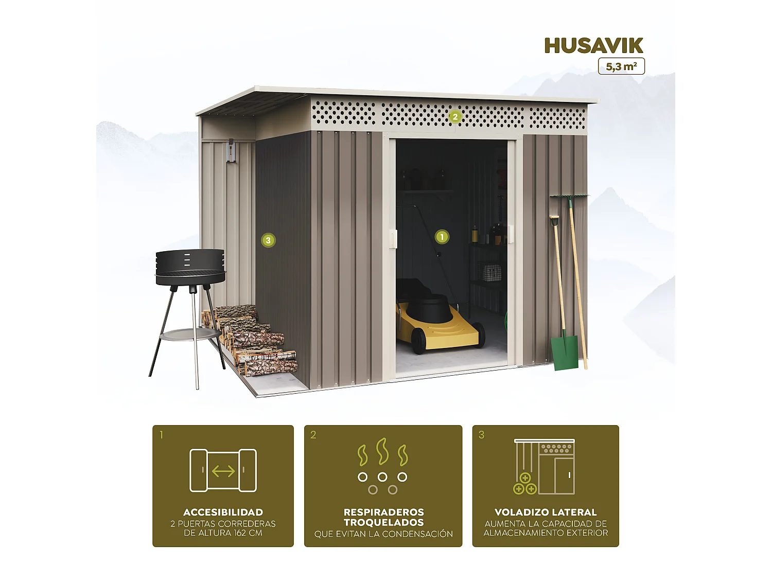 Capannone da giardino in metallo Husavik 5,29m2 - 10 anni di garanzia - 257x206x187cm. Capanno da giardino