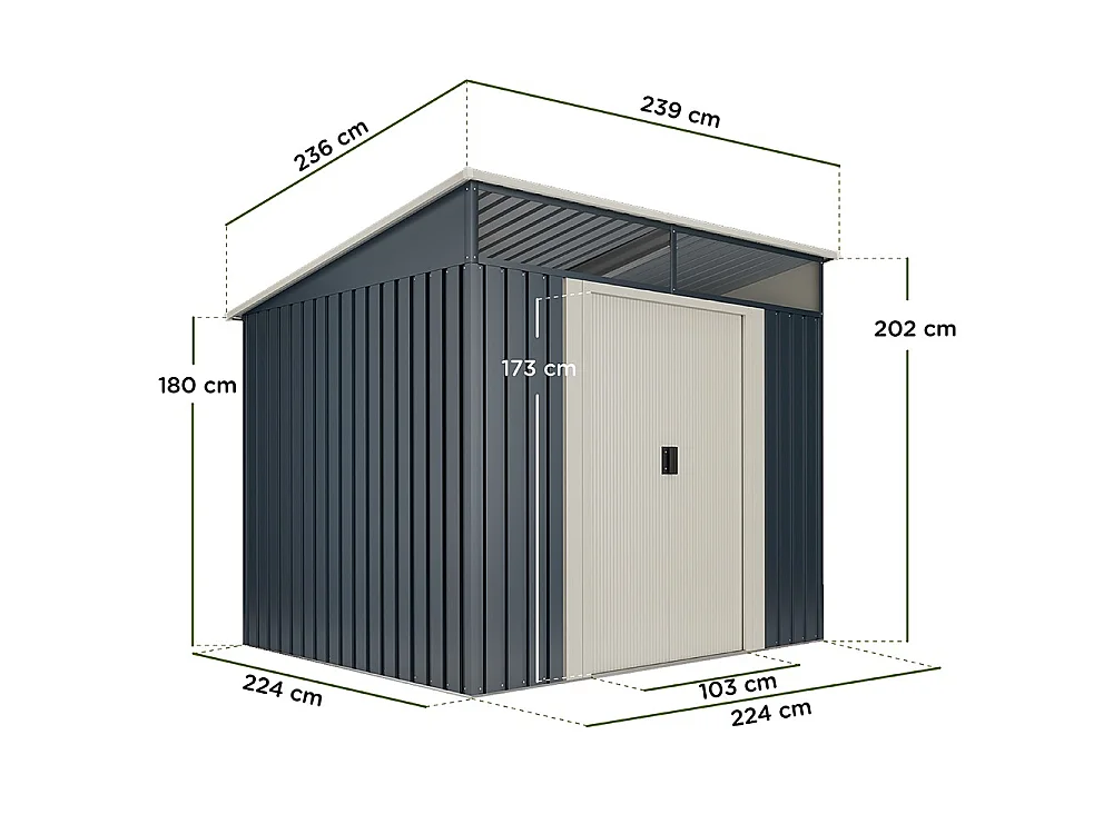 Capannone in metallo Wasabi Stark 5,6m2 - 10 anni di garanzia - 236x238x203cm. Capanno da giardino