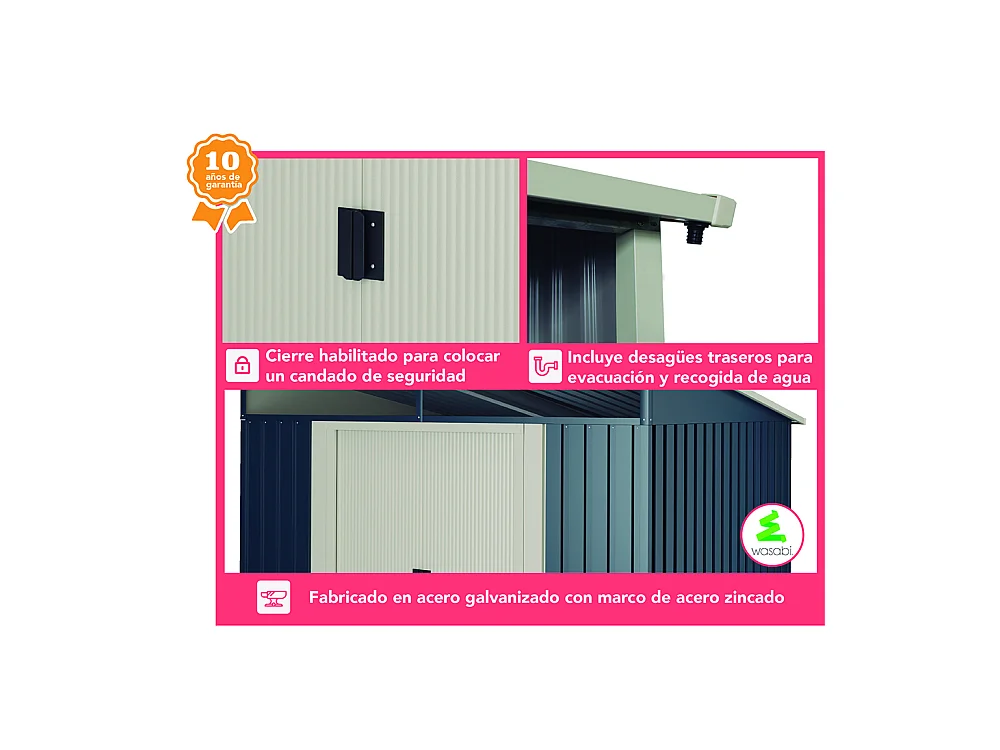 Abri de jardin Wasabi Stark 4.6 m2 - Garantie 10 ans - 194x239x203cm. Remise métal