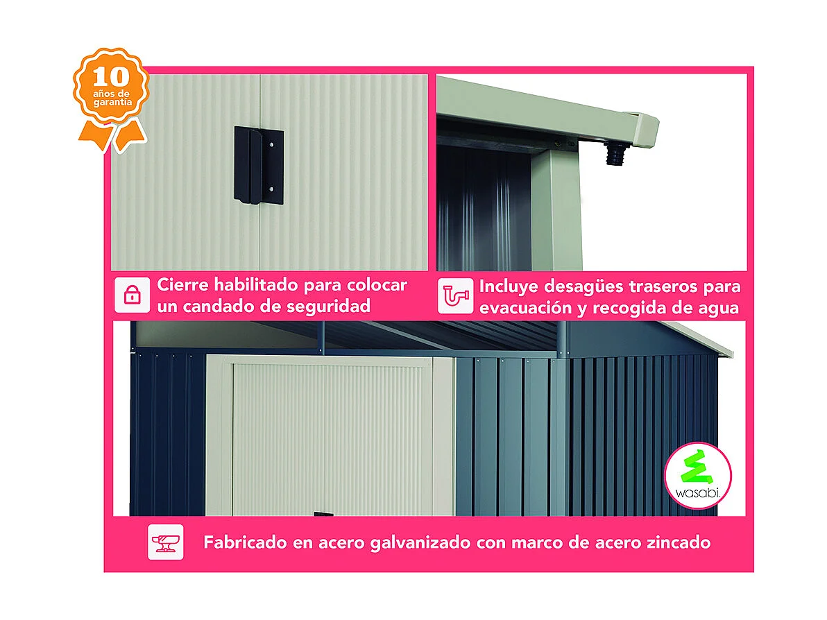 Abri de jardin Wasabi Stark 4.6 m2 - Garantie 10 ans - 194x239x203cm. Remise métal