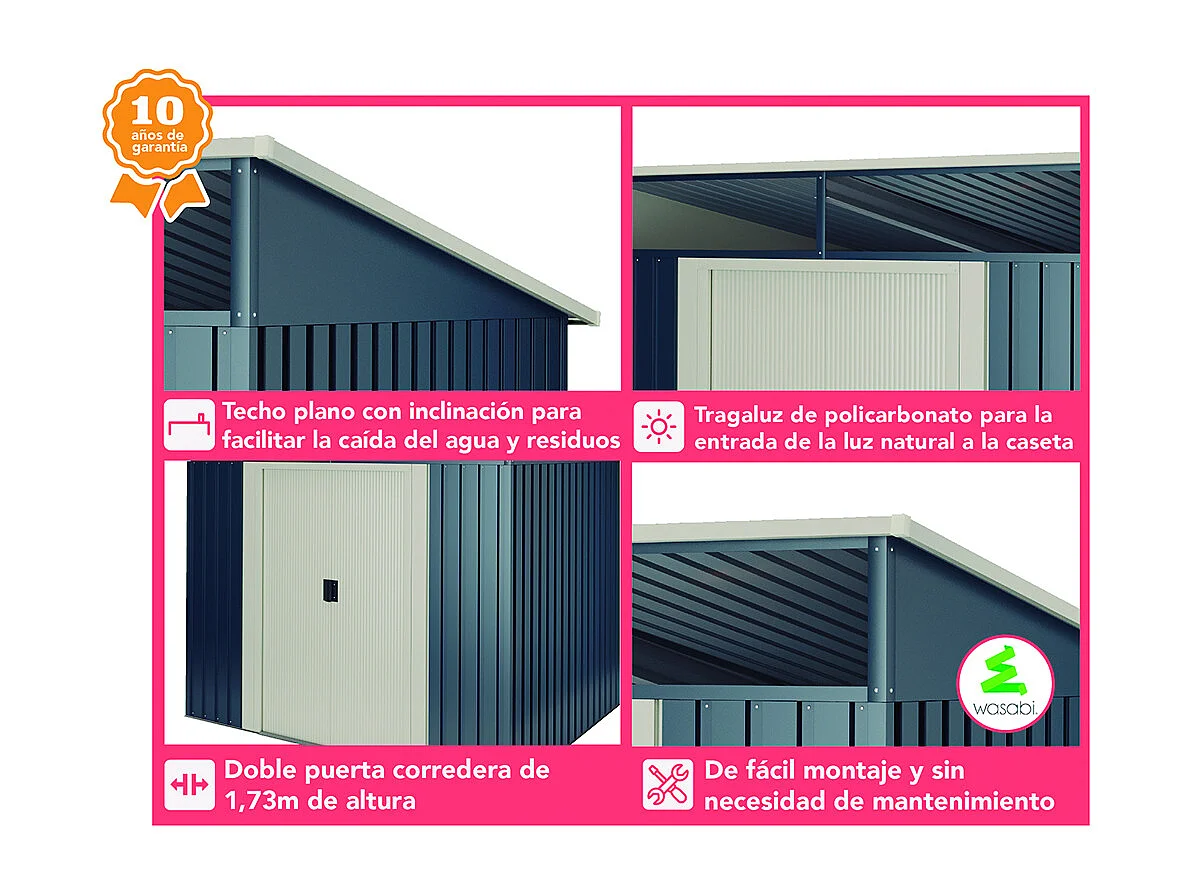 Abri de jardin Wasabi Stark 4.6 m2 - Garantie 10 ans - 194x239x203cm. Remise métal