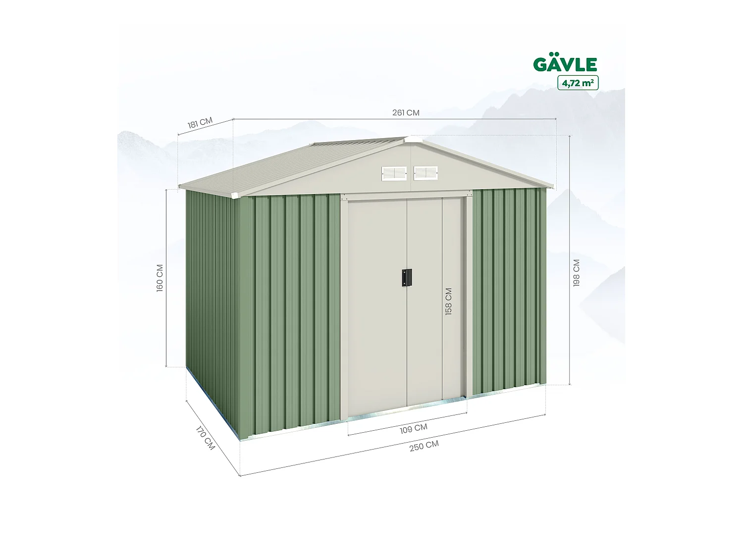 Caseta de jardín metálica Gavle 4,72m2 - 10 años garantía - 181 x 261 x 198 cm. Cobertizo jardin