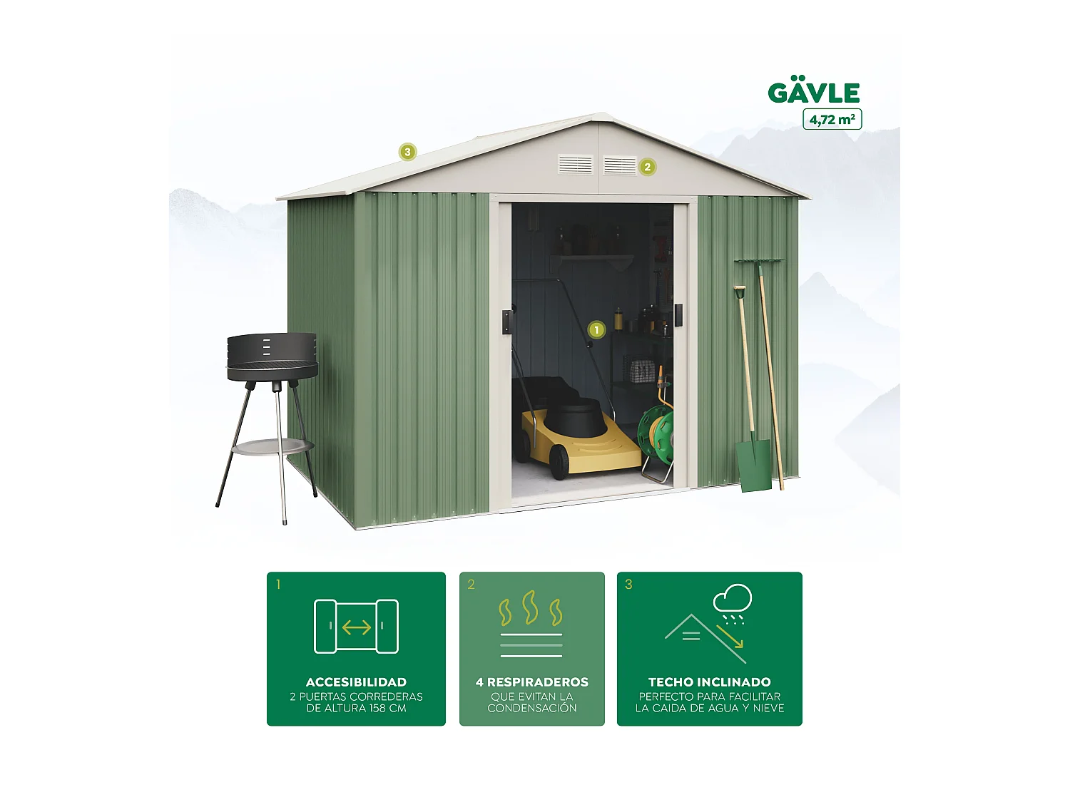 Caseta de jardín metálica Gavle 4,72m2 - 10 años garantía - 181 x 261 x 198 cm. Cobertizo jardin