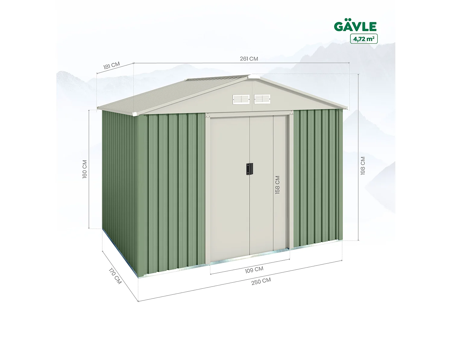 Caseta de jardín metálica Gavle 4,72m2 - 10 años garantía - 181 x 261 x 198 cm. Cobertizo jardin