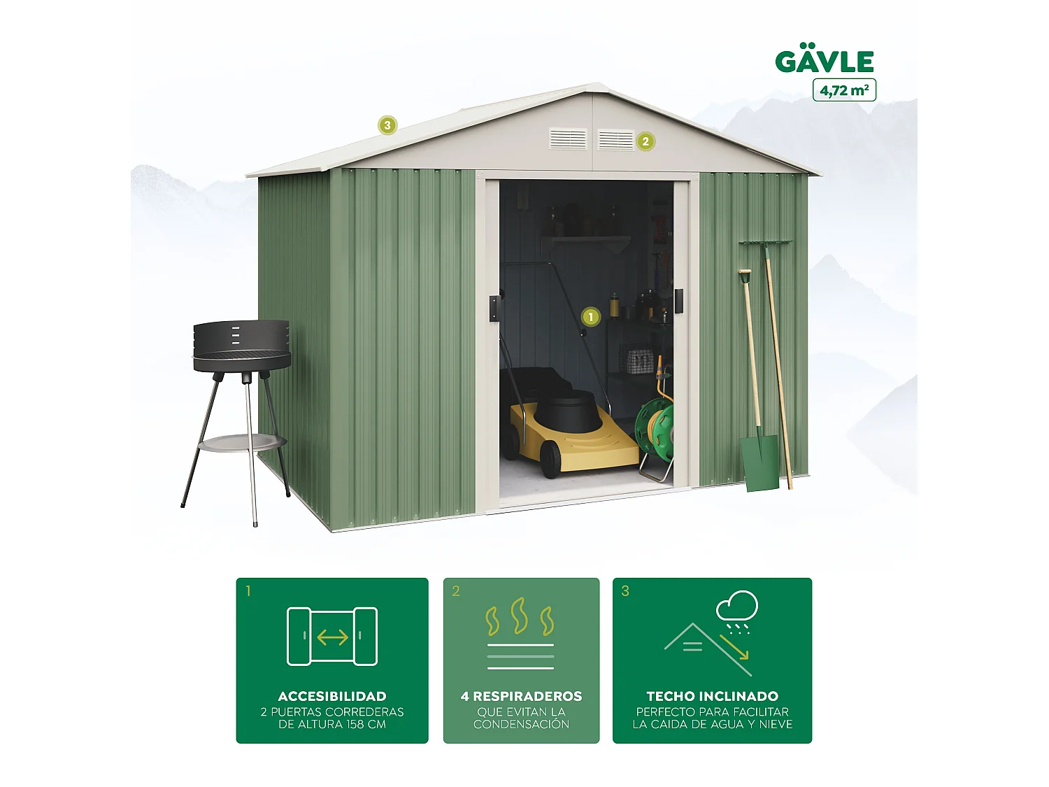 Caseta de jardín metálica Gavle 4,72m2 - 10 años garantía - 181 x 261 x 198 cm. Cobertizo jardin