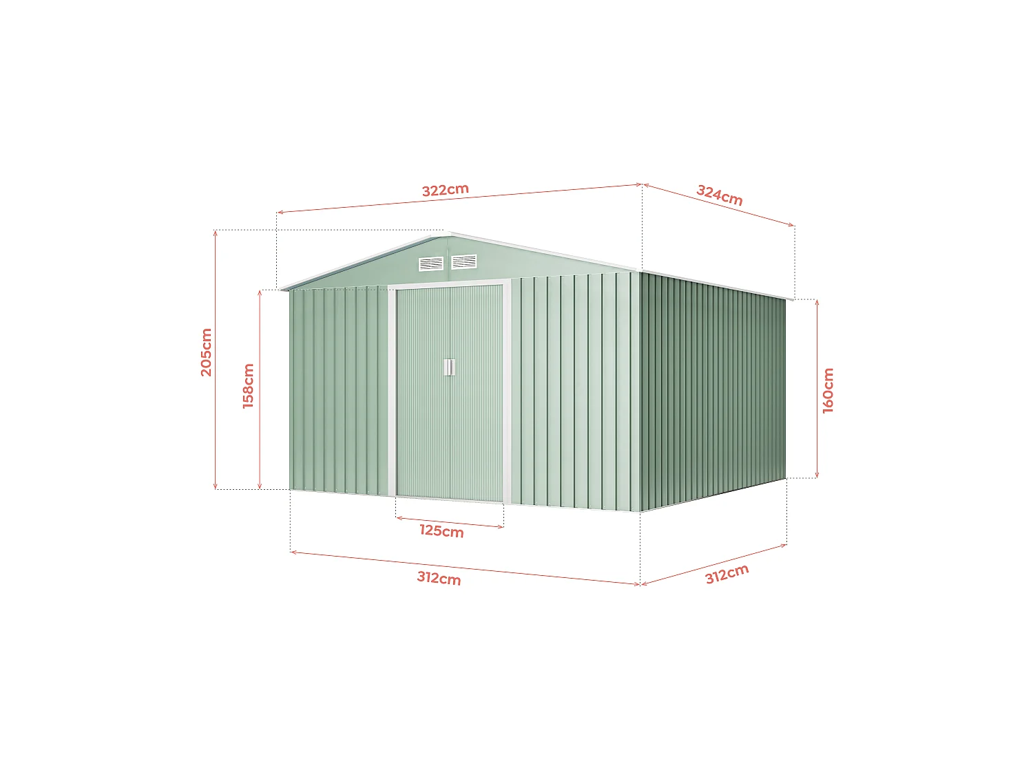 Capannone in metallo Wasabi Light Green XL 10,2 m2 - 10 anni di garanzia - 324x322x205cm. Capanno da giardino