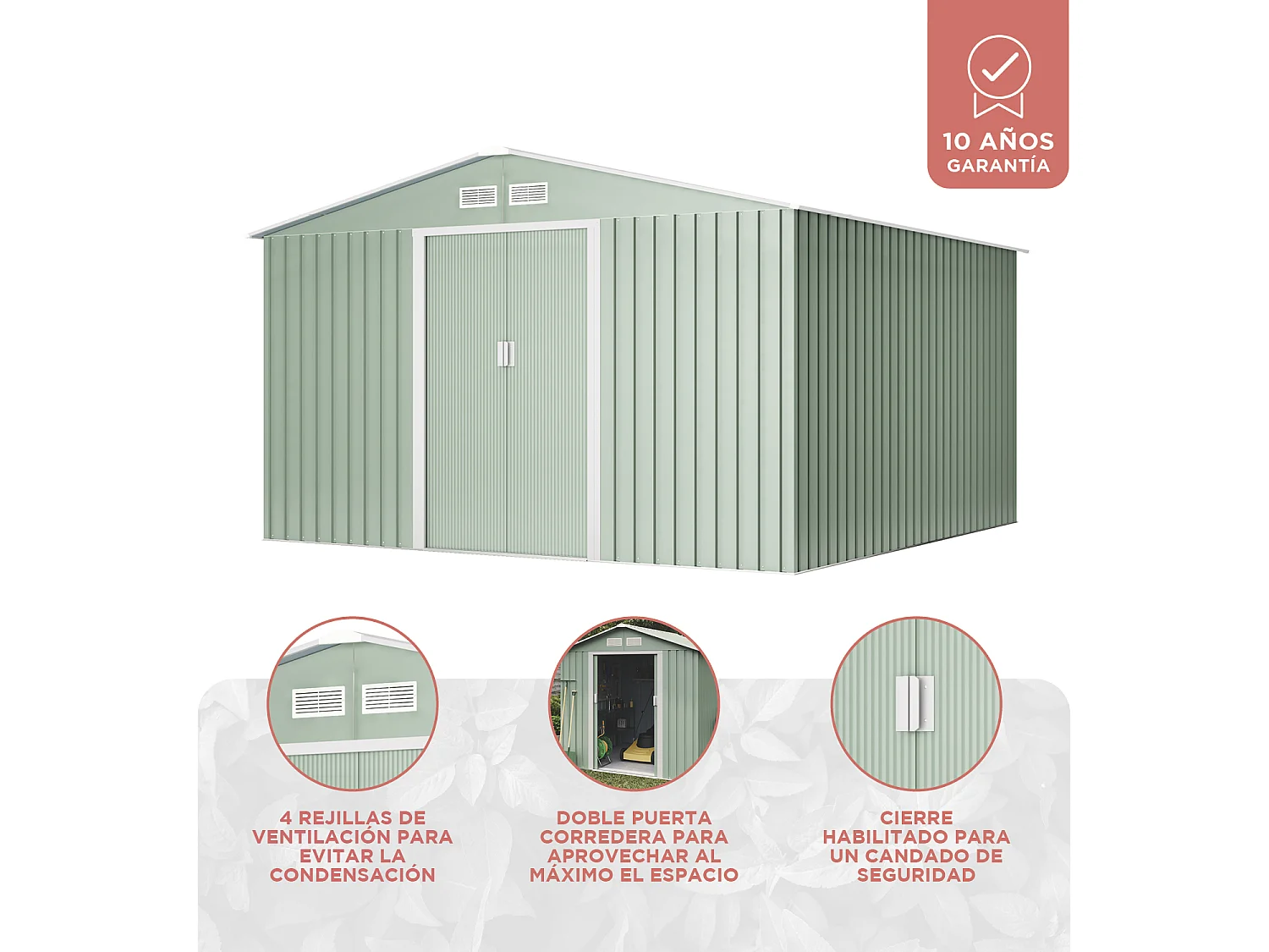 Abri de jardin Wasabi Light Green XL 10.2 m2 - Garantie 10 ans - 324x322x205cm. Remise en métal