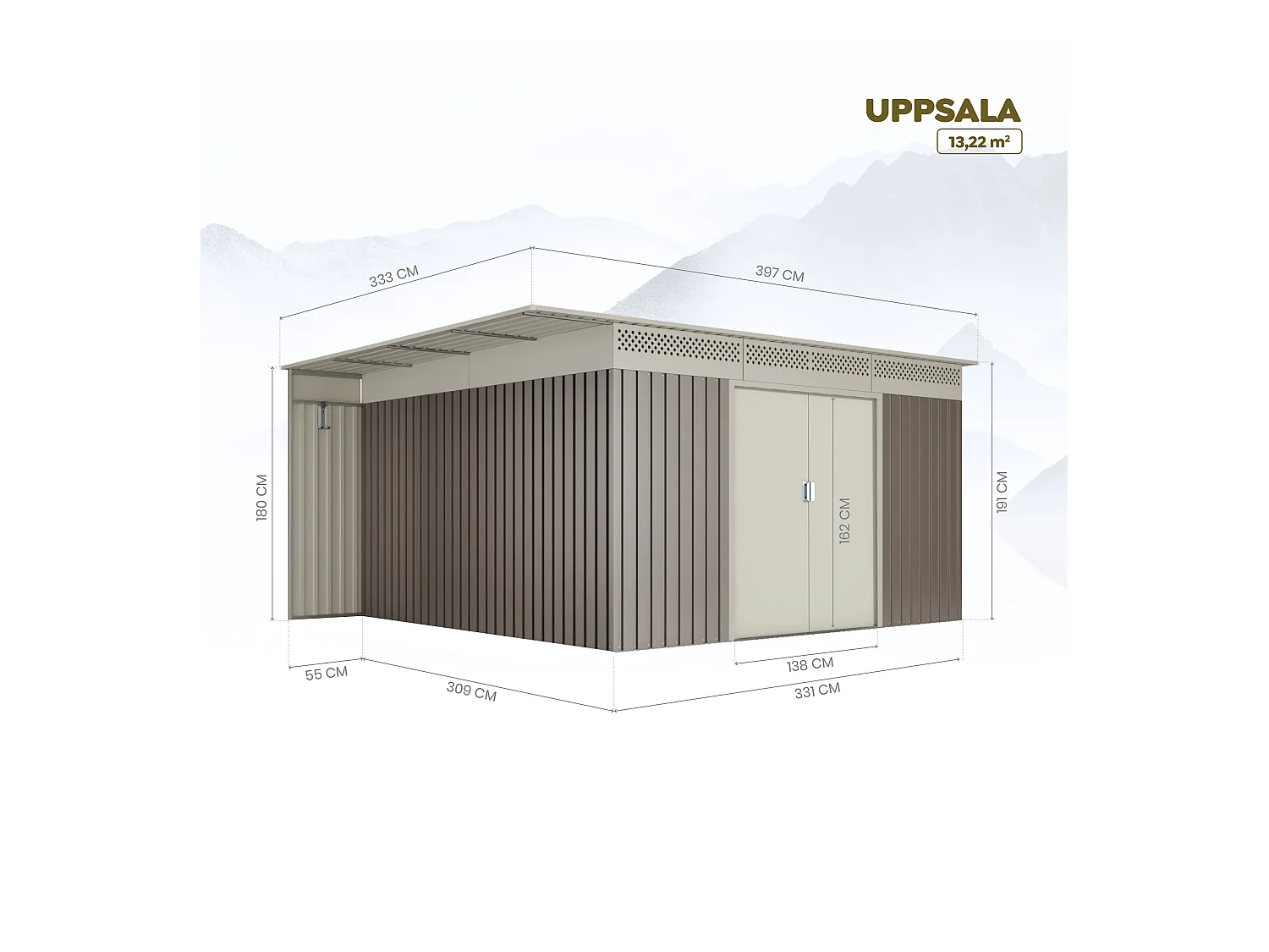 Abri de jardin Premium Uppsala 13.22 m2 - Garantie 10 ans - 397x333x191cm. Remise métal