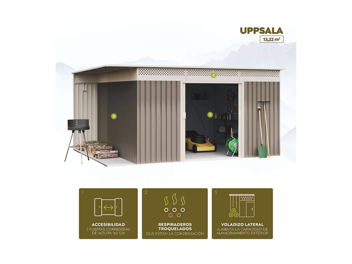 Abri de jardin Premium Uppsala 13.22 m2 - Garantie 10 ans - 397x333x191cm. Remise métal