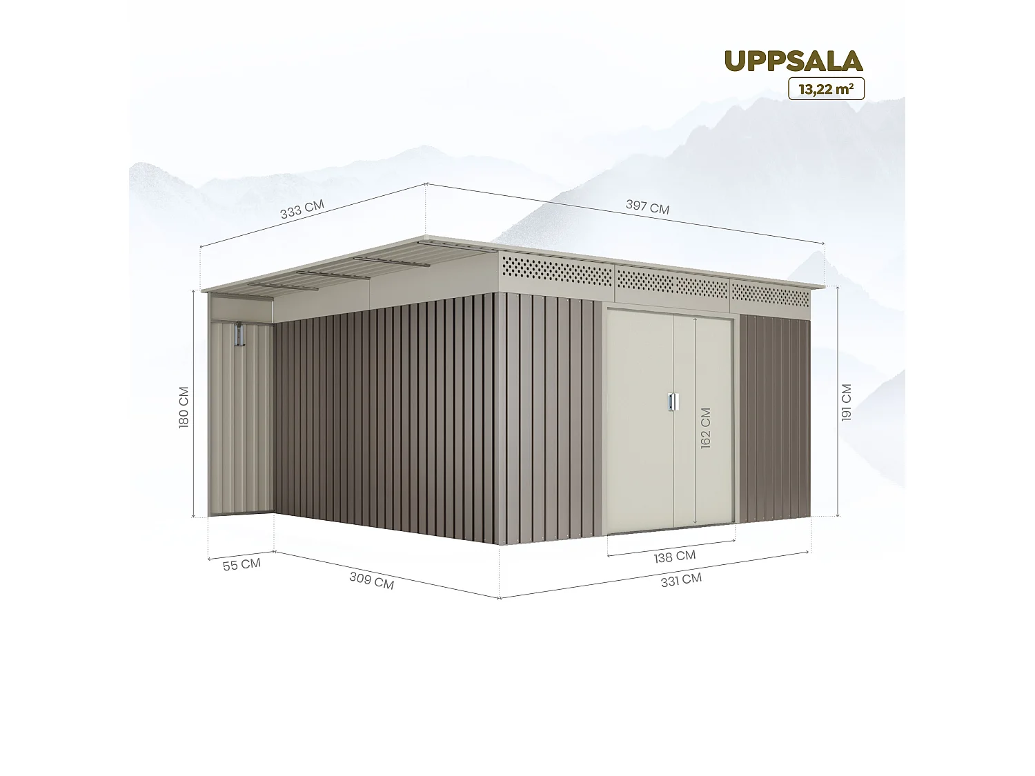 Abri de jardin Premium Uppsala 13.22 m2 - Garantie 10 ans - 397x333x191cm. Remise métal