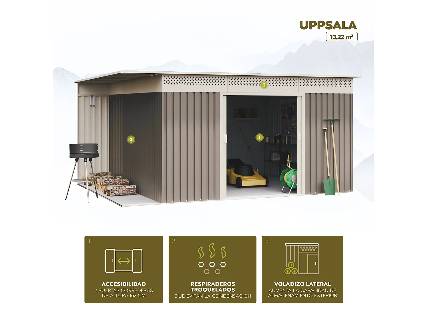 Abri de jardin Premium Uppsala 13.22 m2 - Garantie 10 ans - 397x333x191cm. Remise métal